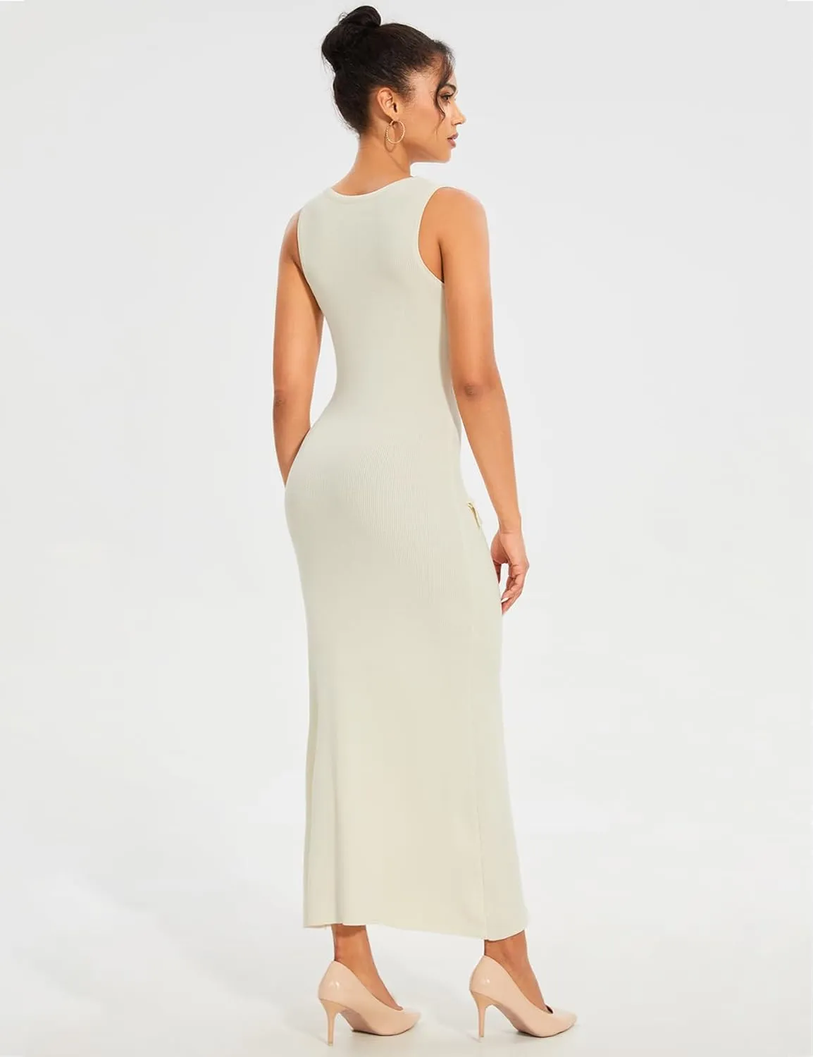 Womens Knit Maxi Dress Sleeveless Bodycon Ribbed Long Tank Dresses Elegant Button Down Workwear Dress