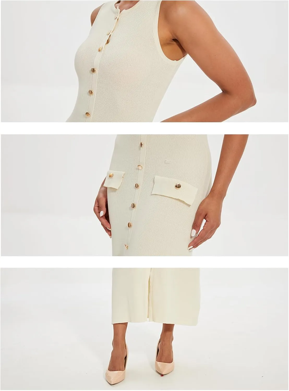 Womens Knit Maxi Dress Sleeveless Bodycon Ribbed Long Tank Dresses Elegant Button Down Workwear Dress