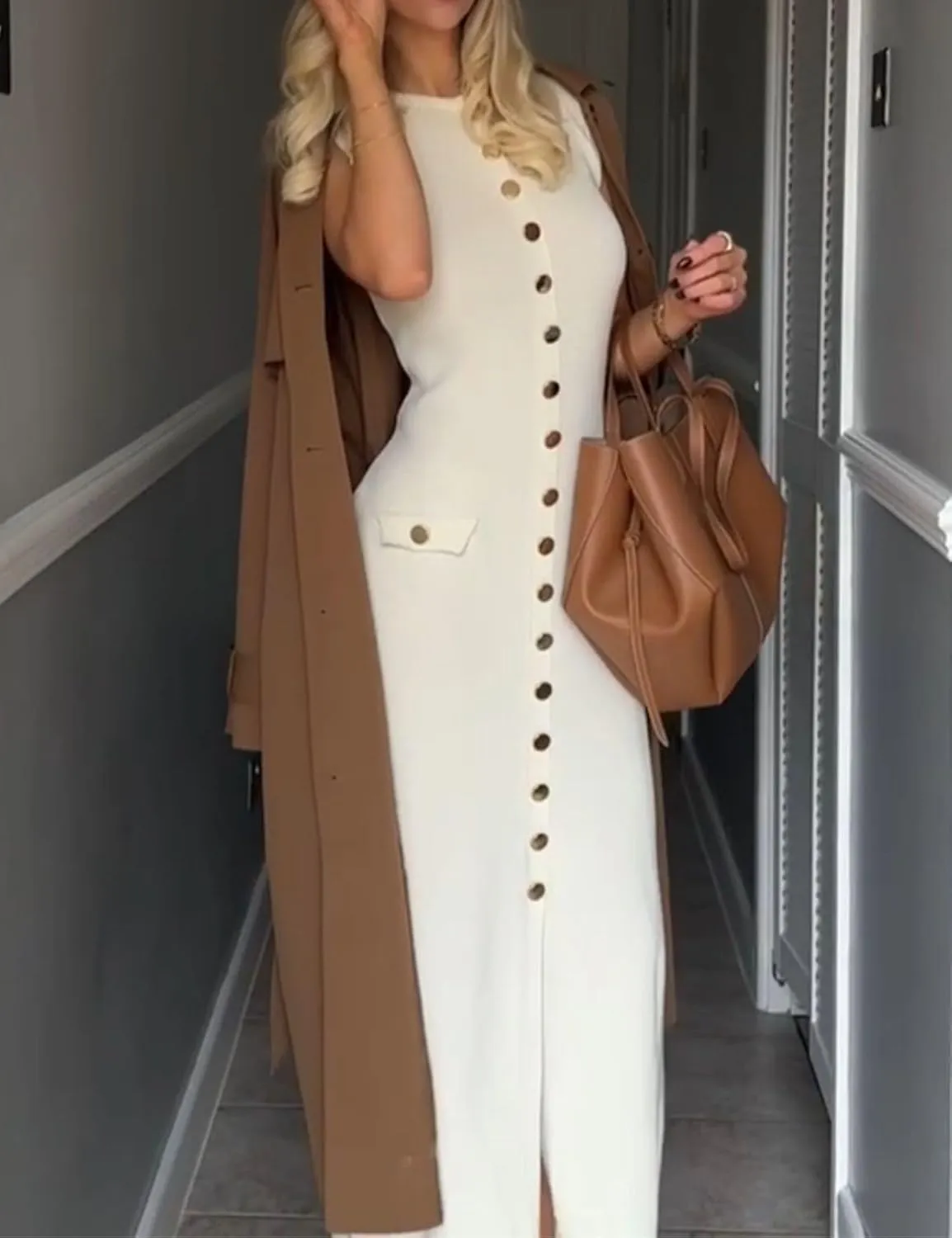 Womens Knit Maxi Dress Sleeveless Bodycon Ribbed Long Tank Dresses Elegant Button Down Workwear Dress