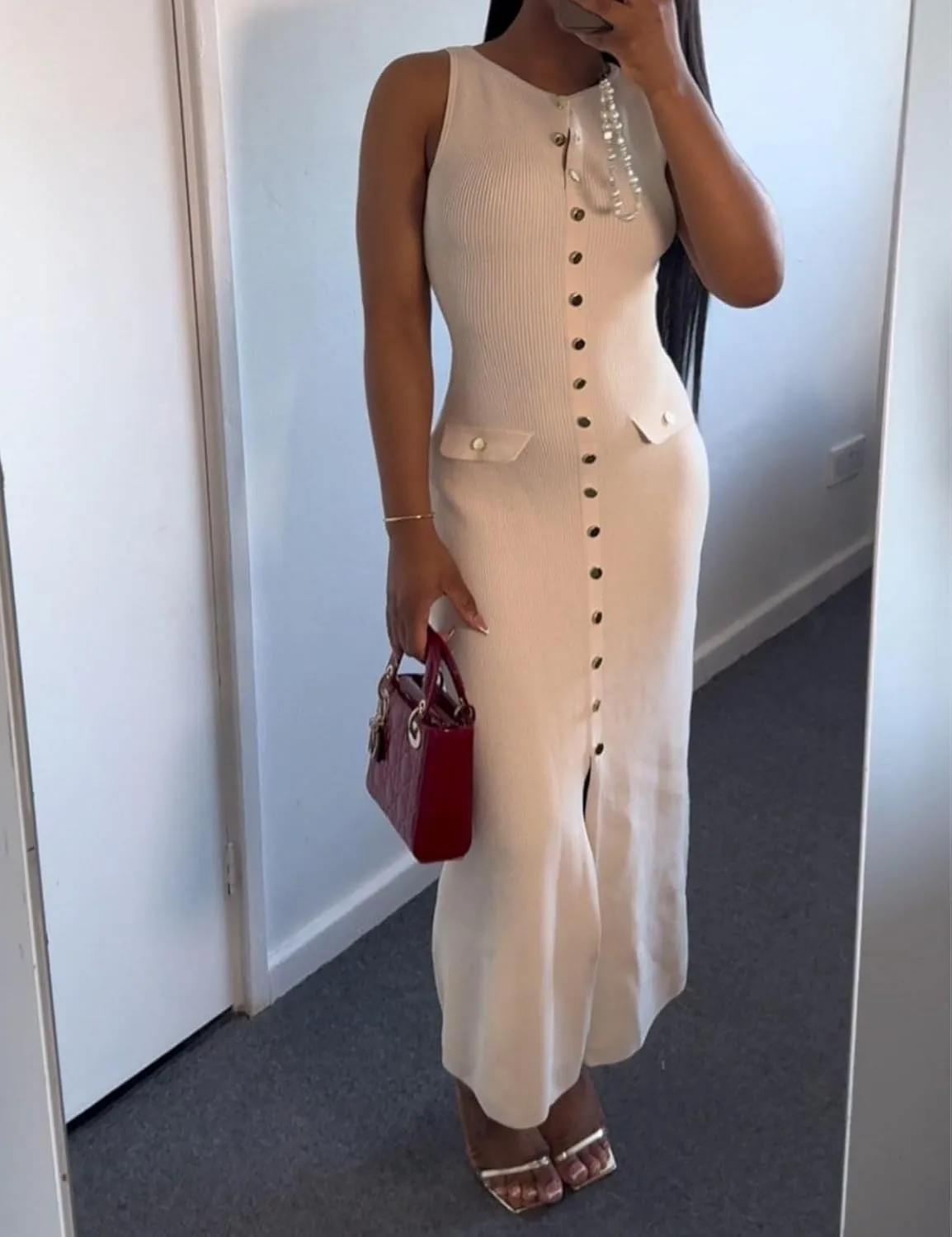 Womens Knit Maxi Dress Sleeveless Bodycon Ribbed Long Tank Dresses Elegant Button Down Workwear Dress