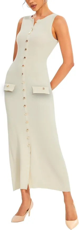 Womens Knit Maxi Dress Sleeveless Bodycon Ribbed Long Tank Dresses Elegant Button Down Workwear Dress