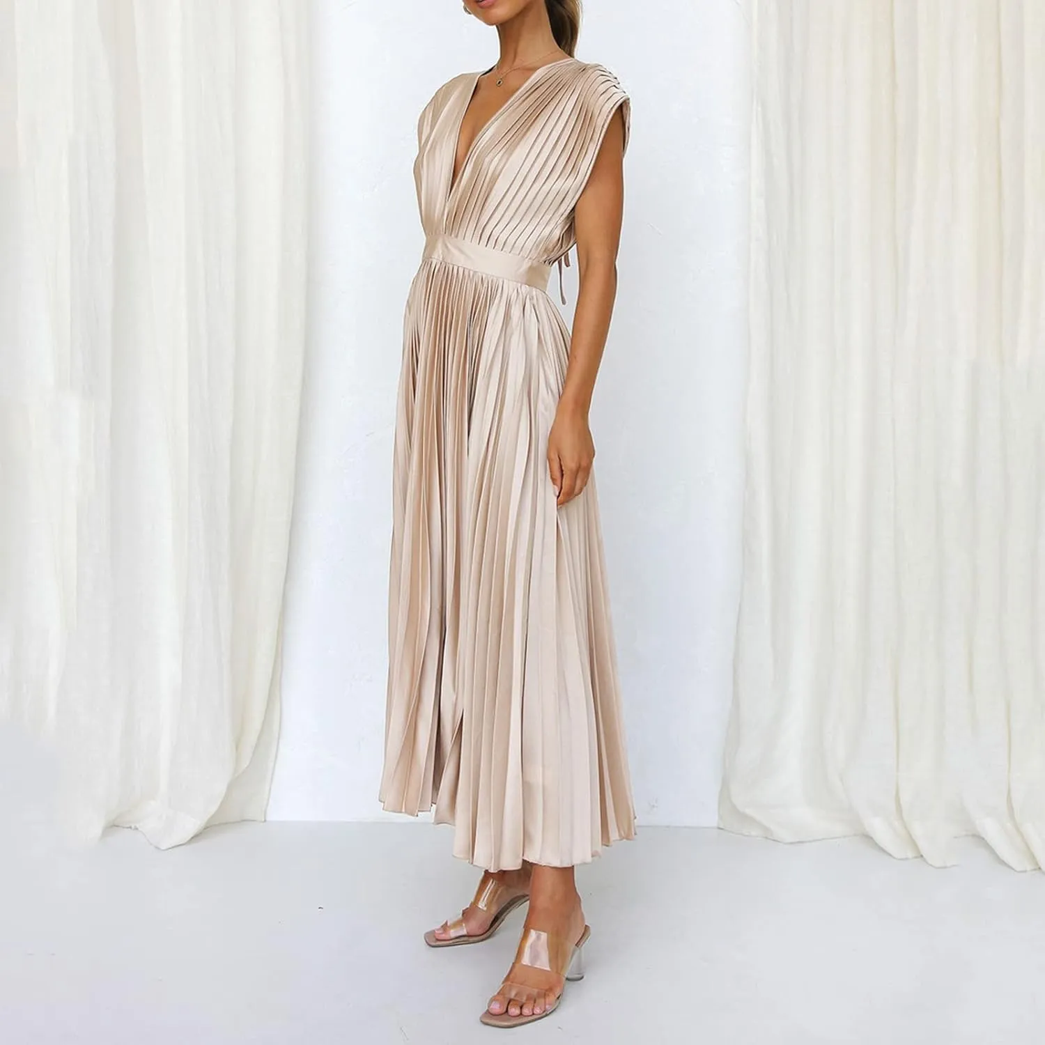 Womens Large Loose Sexy Pleated Dress Casual Loose Zipper Sleeveless Dress Ball Gown Plus Size Dresses for Women