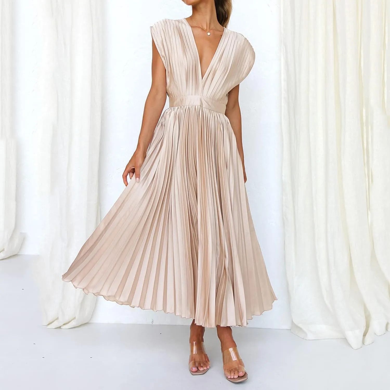 Womens Large Loose Sexy Pleated Dress Casual Loose Zipper Sleeveless Dress Ball Gown Plus Size Dresses for Women
