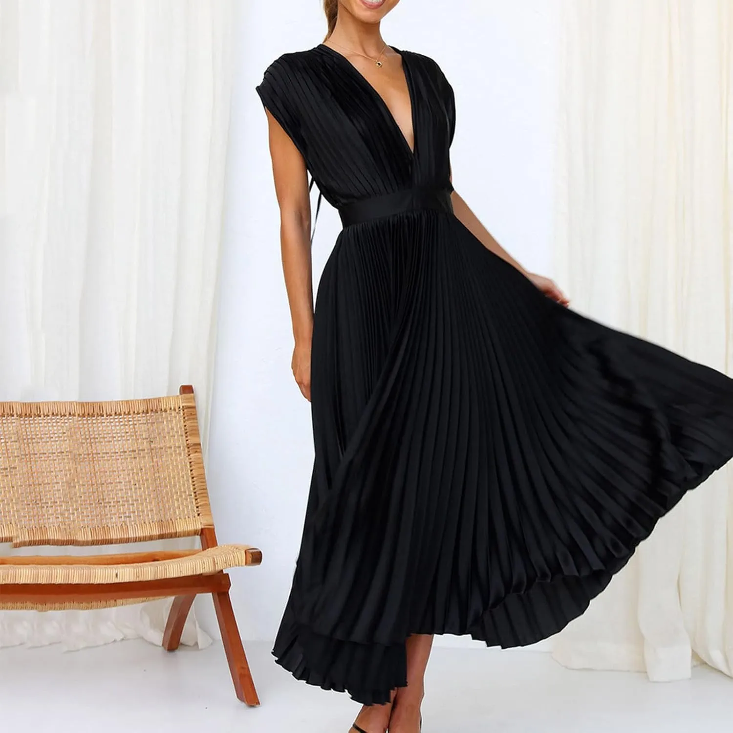 Womens Large Loose Sexy Pleated Dress Casual Loose Zipper Sleeveless Dress Ball Gown Plus Size Dresses for Women