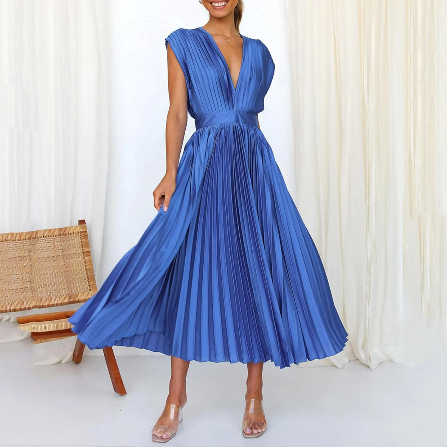 Womens Large Loose Sexy Pleated Dress Casual Loose Zipper Sleeveless Dress Ball Gown Plus Size Dresses for Women