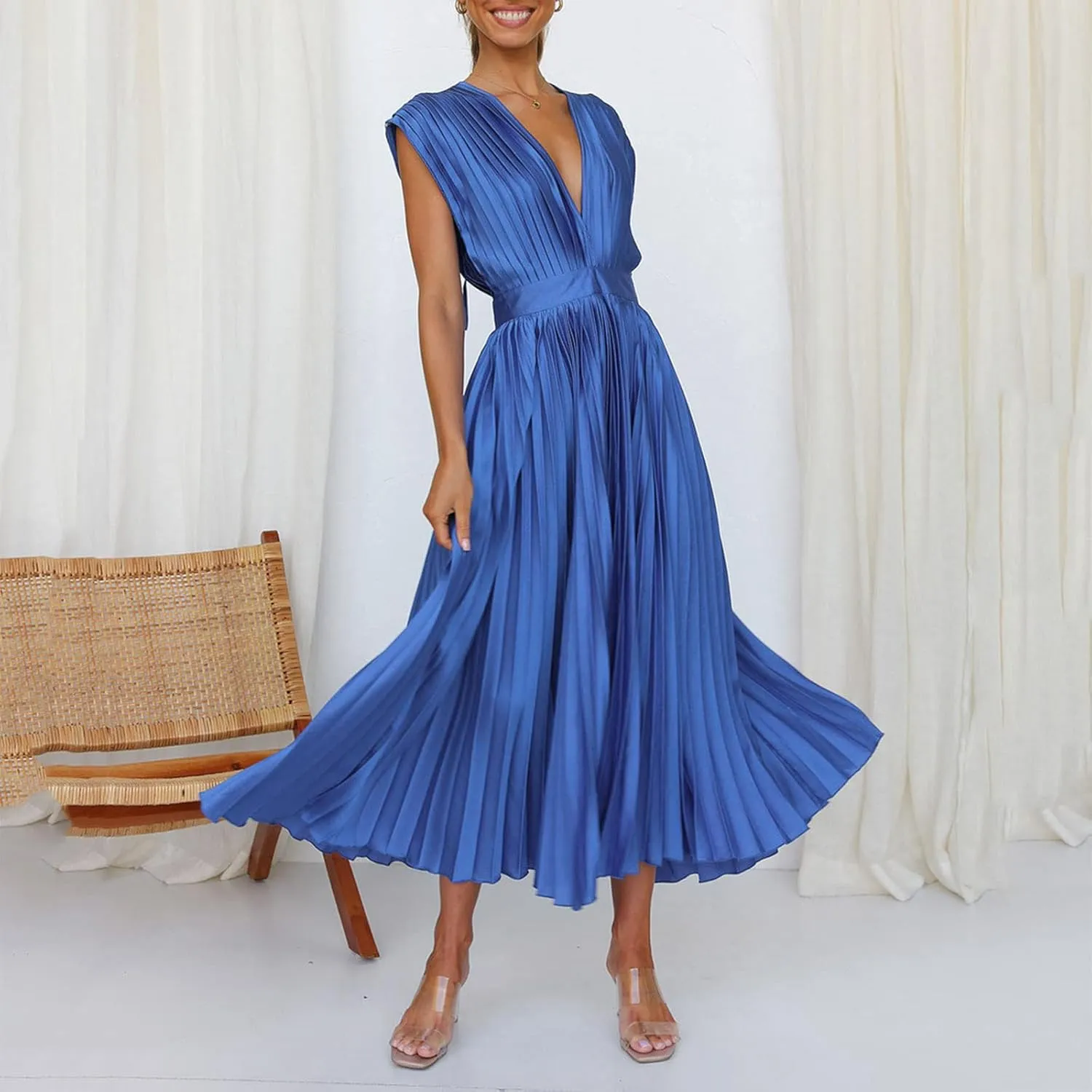 Womens Large Loose Sexy Pleated Dress Casual Loose Zipper Sleeveless Dress Ball Gown Plus Size Dresses for Women