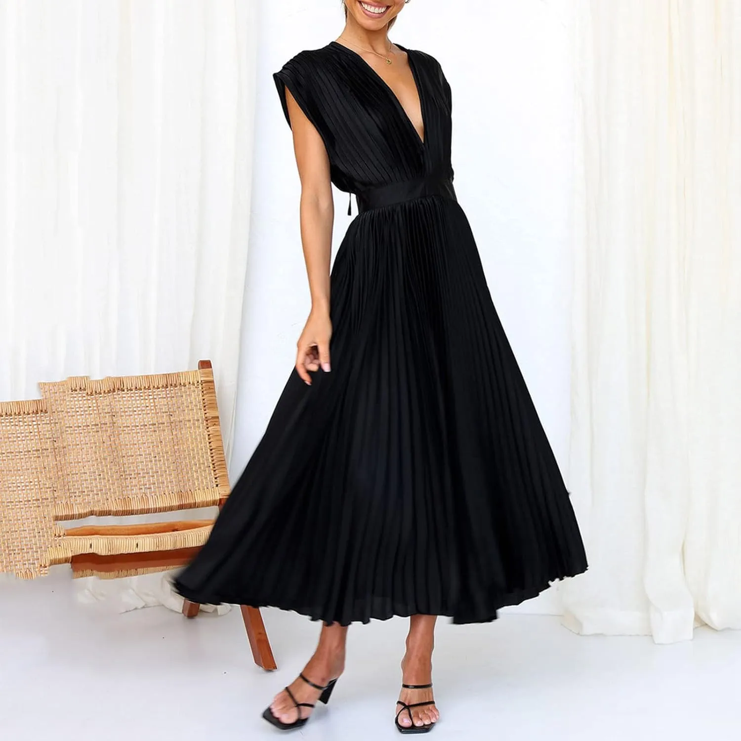 Womens Large Loose Sexy Pleated Dress Casual Loose Zipper Sleeveless Dress Ball Gown Plus Size Dresses for Women