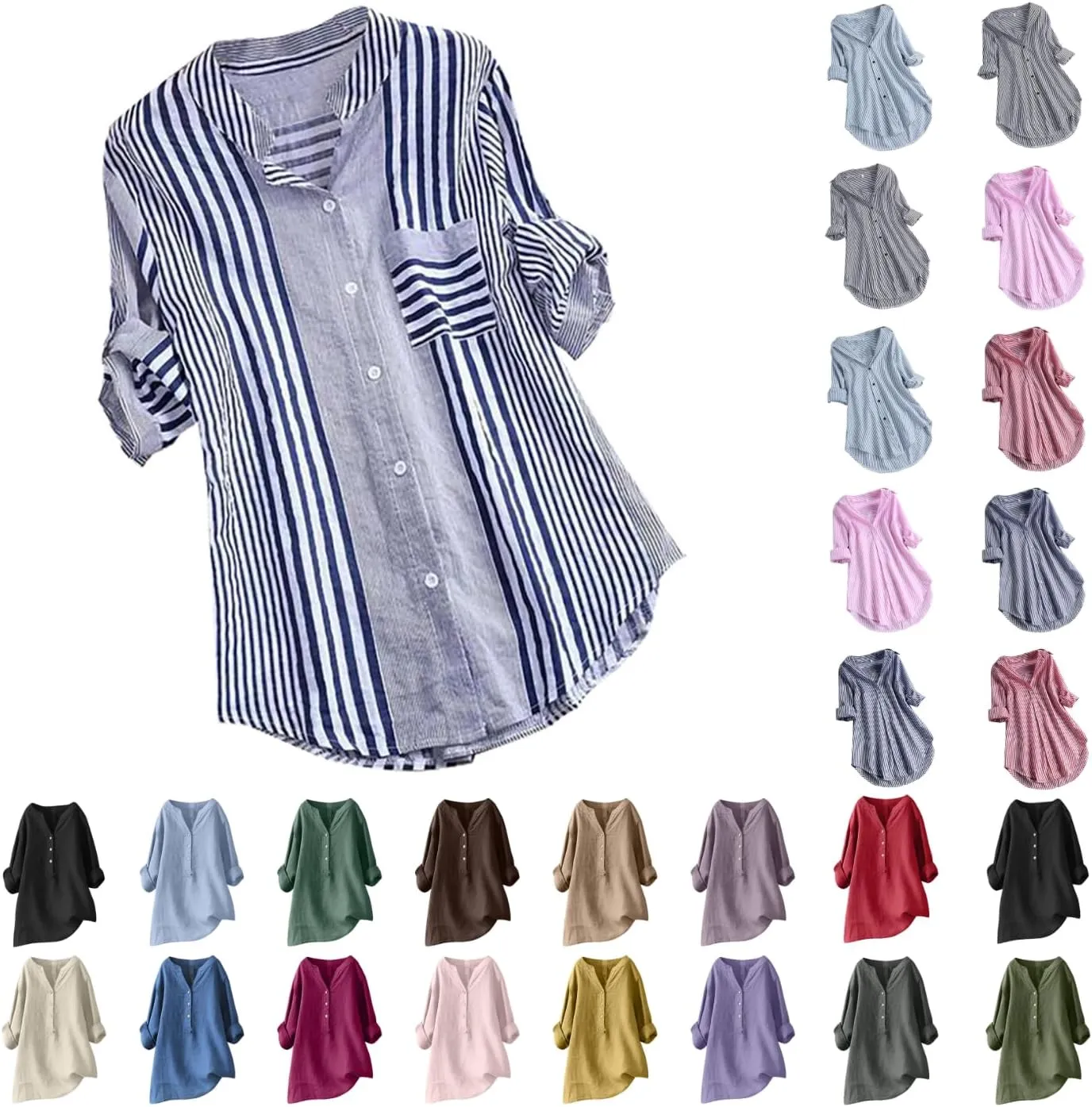 Women's Linen Loose Fit Tshirt Tops Vintage Lace Tie V-Neck Embroidered Tunics Comfy Relaxed Ladies 3/4 Sleeve Blouse