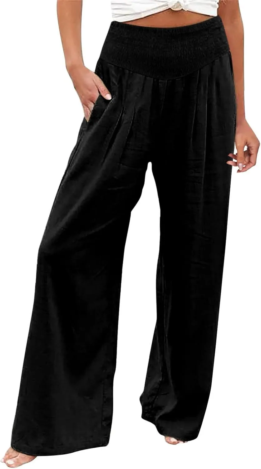 Womens Linen Pants 2025 Summer Wide Leg High Waist Boho Casual Lounge Pant Trousers with Pocket Resort Wear