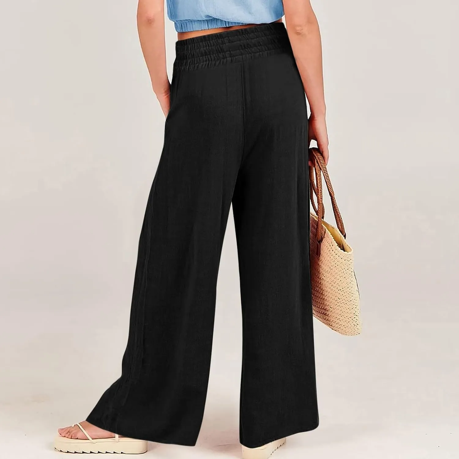 Womens Linen Pants 2025 Summer Wide Leg High Waist Boho Casual Lounge Pant Trousers with Pocket Resort Wear