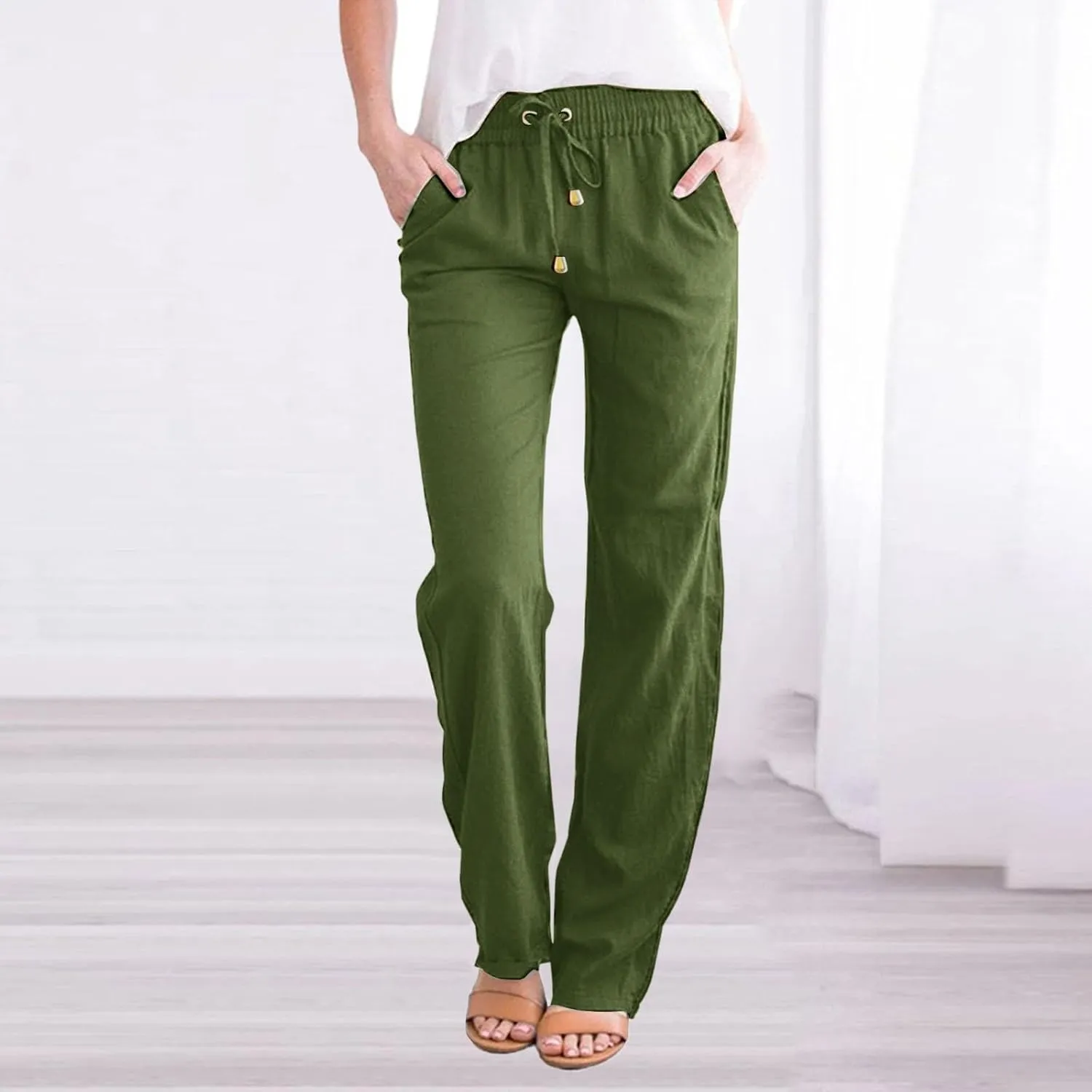 Womens Linen Pants Solid Straight Pants Waist and Long Women Casual Elastic Drawstring Cotton High Waist Wide Leg