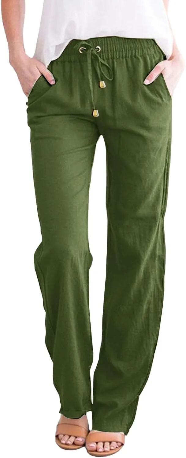 Womens Linen Pants Solid Straight Pants Waist and Long Women Casual Elastic Drawstring Cotton High Waist Wide Leg