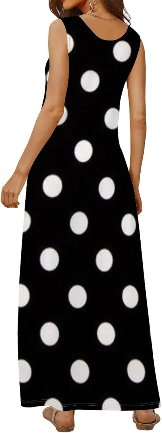 Women's Maxi Dress Summer Polka Dot Dress Sleeveless Long Flowing Sundress Casual Bohemian Beach Maxi Dress