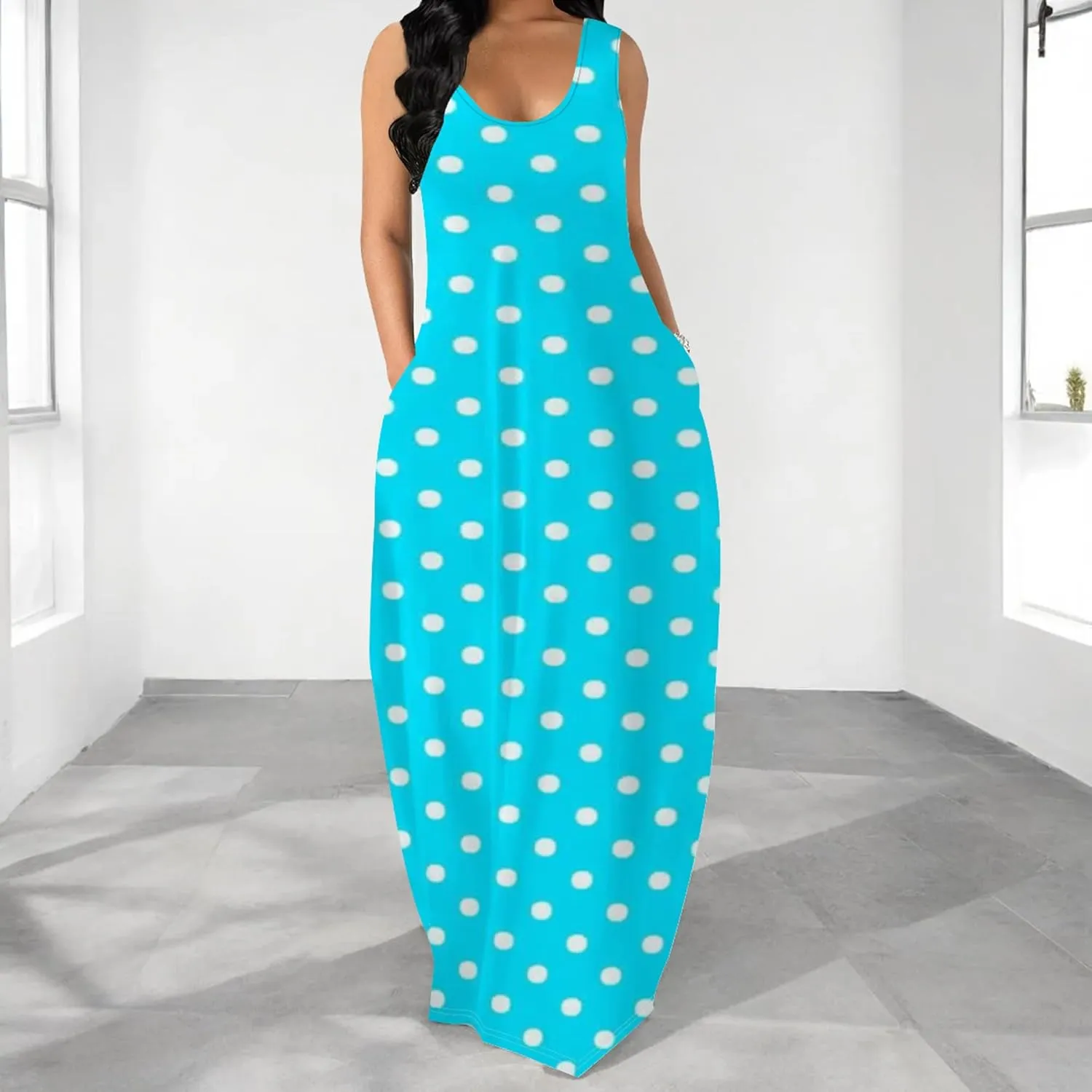 Women's Maxi Dress Summer Polka Dot Dress Sleeveless Long Flowing Sundress Casual Bohemian Beach Maxi Dress