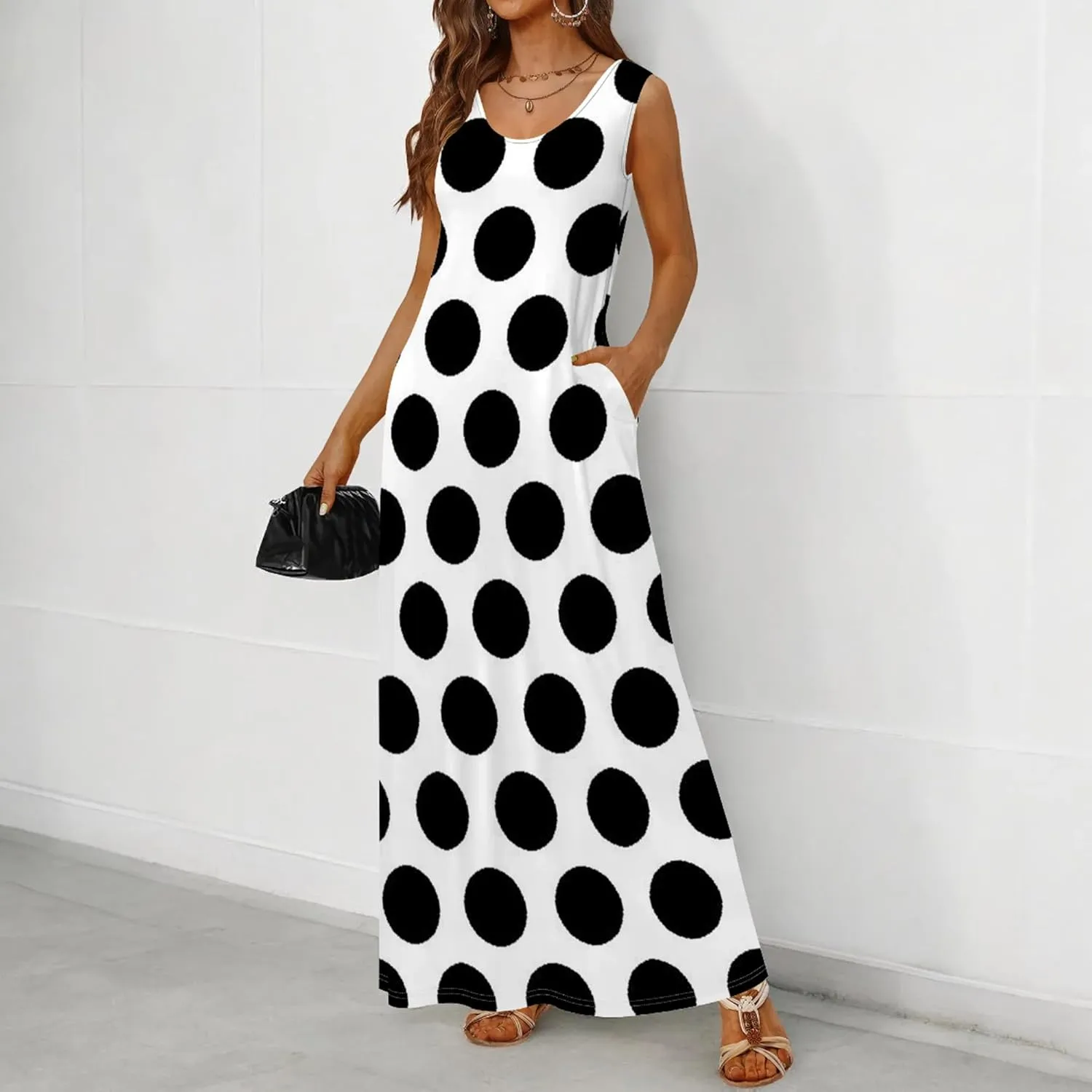 Women's Maxi Dress Summer Polka Dot Dress Sleeveless Long Flowing Sundress Casual Bohemian Beach Maxi Dress