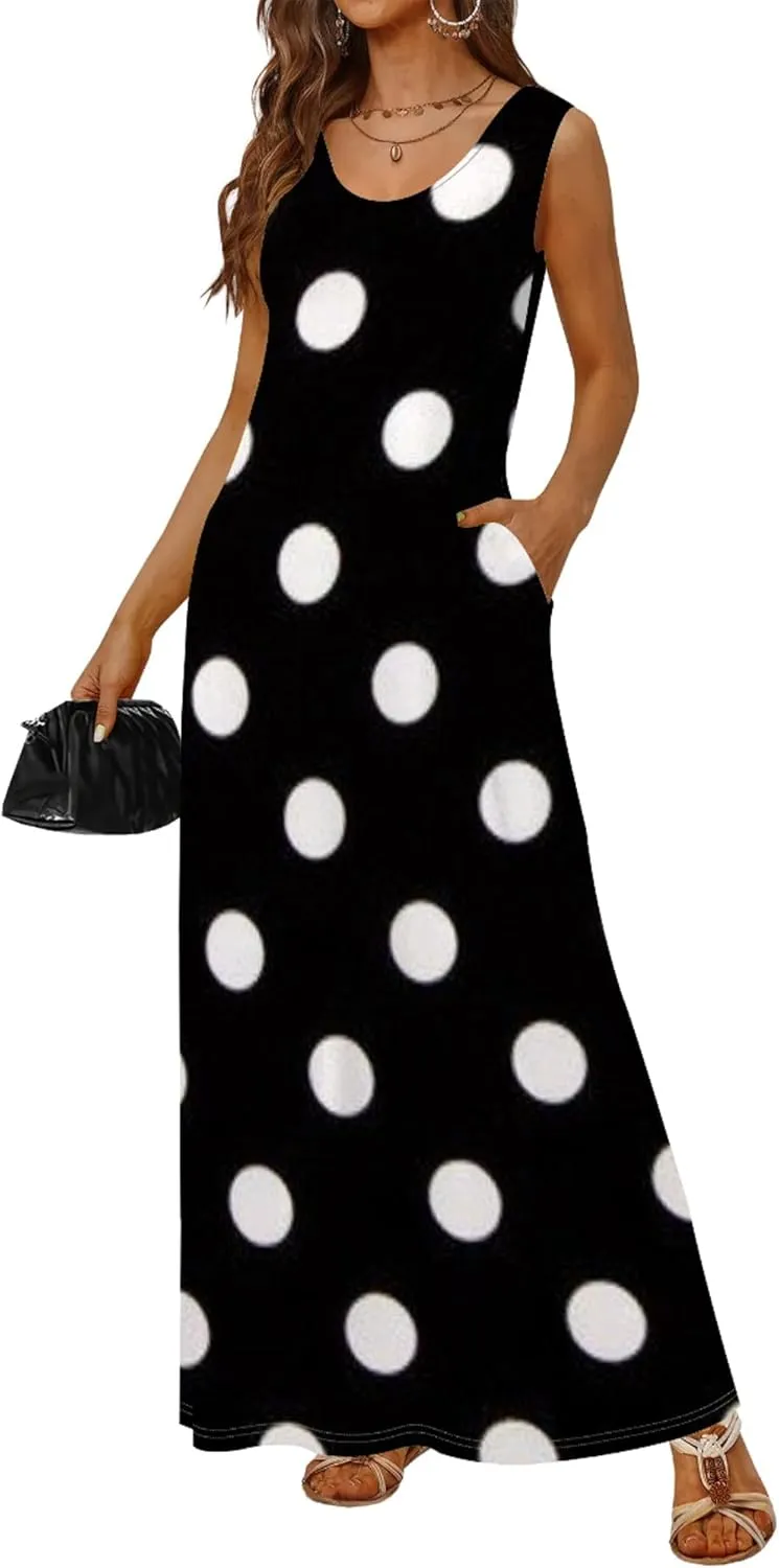 Women's Maxi Dress Summer Polka Dot Dress Sleeveless Long Flowing Sundress Casual Bohemian Beach Maxi Dress