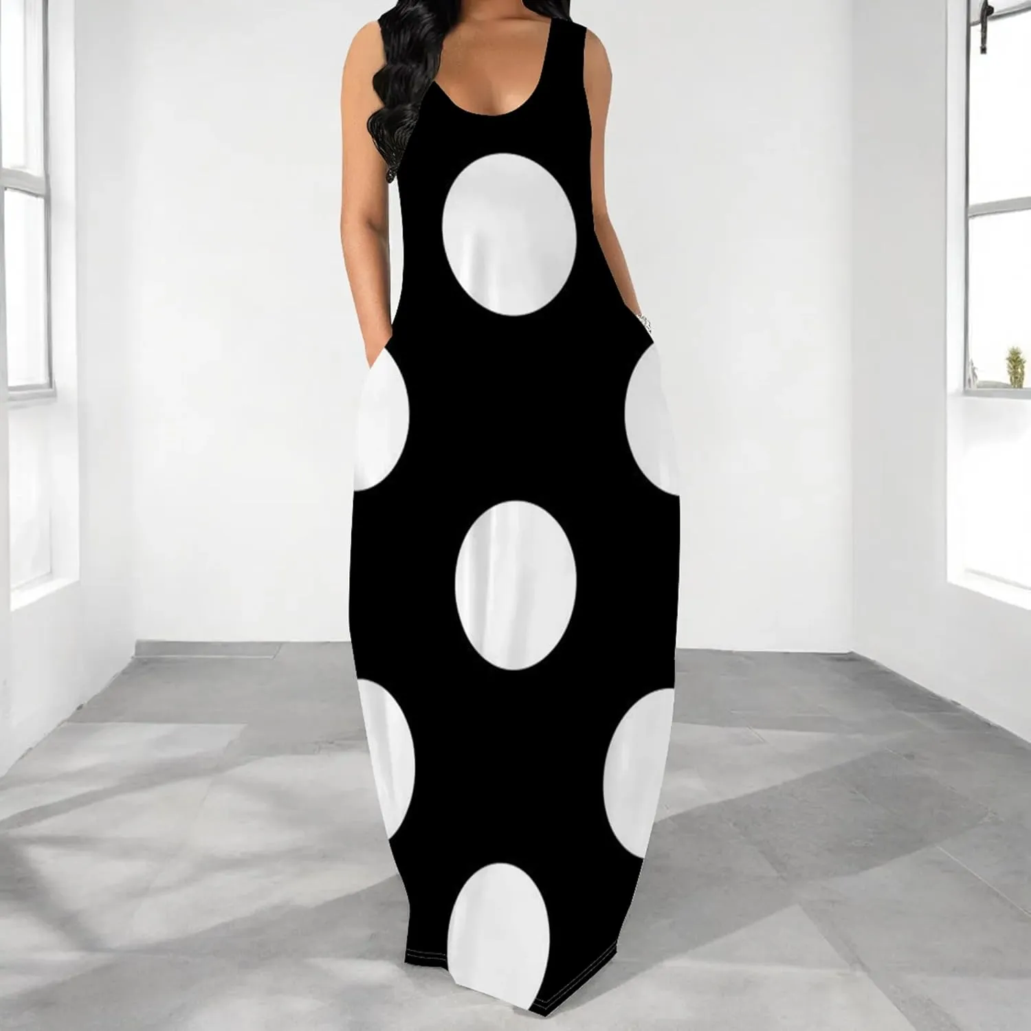 Women's Maxi Dress Summer Polka Dot Dress Sleeveless Long Flowing Sundress Casual Bohemian Beach Maxi Dress