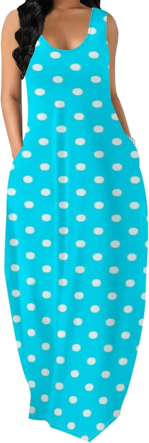 Women's Maxi Dress Summer Polka Dot Dress Sleeveless Long Flowing Sundress Casual Bohemian Beach Maxi Dress