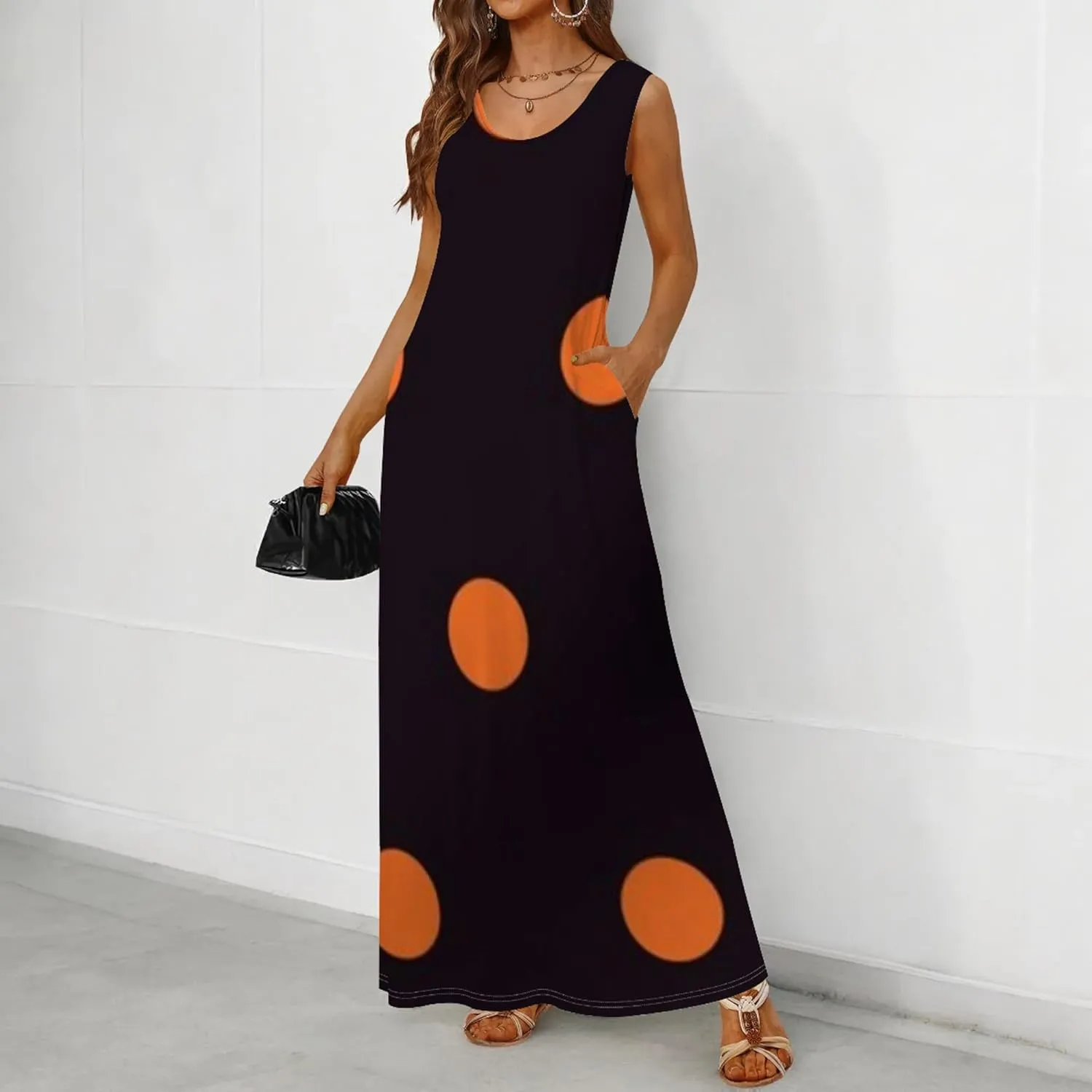 Women's Maxi Dress Summer Polka Dot Dress Sleeveless Long Flowing Sundress Casual Bohemian Beach Maxi Dress
