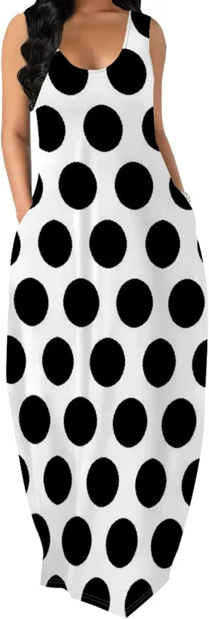 Women's Maxi Dress Summer Polka Dot Dress Sleeveless Long Flowing Sundress Casual Bohemian Beach Maxi Dress