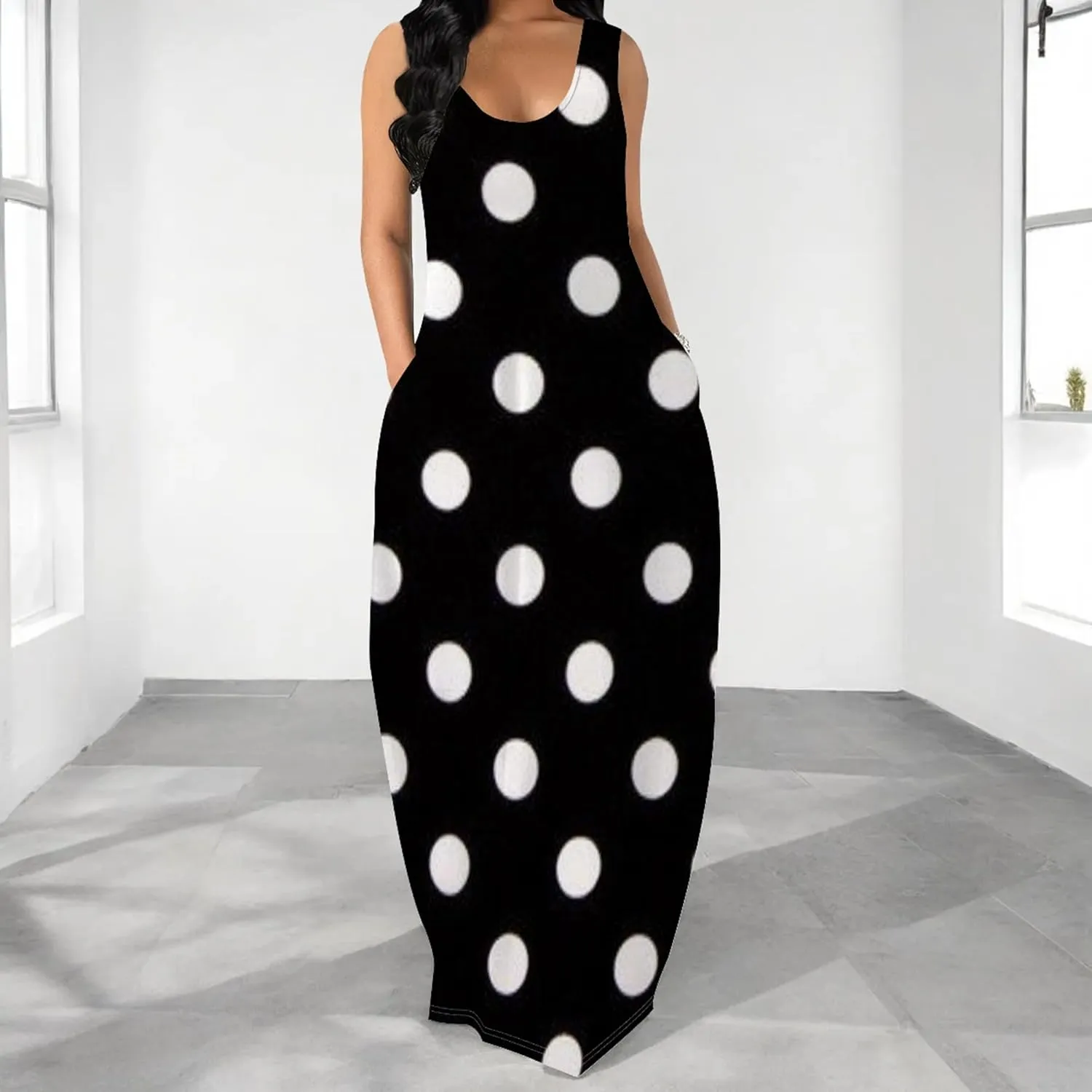 Women's Maxi Dress Summer Polka Dot Dress Sleeveless Long Flowing Sundress Casual Bohemian Beach Maxi Dress