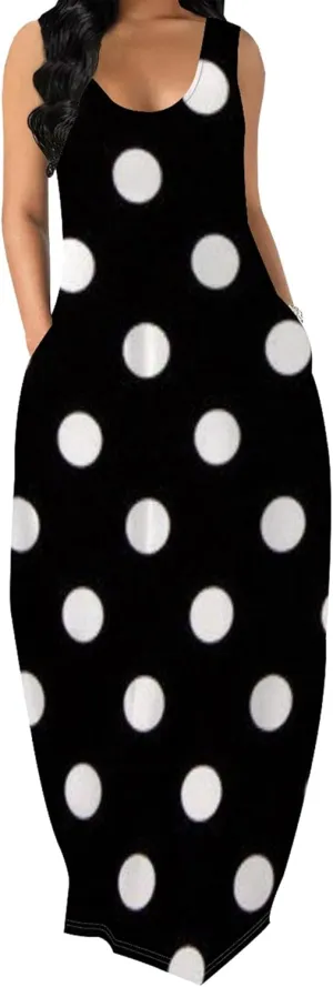 Women's Maxi Dress Summer Polka Dot Dress Sleeveless Long Flowing Sundress Casual Bohemian Beach Maxi Dress