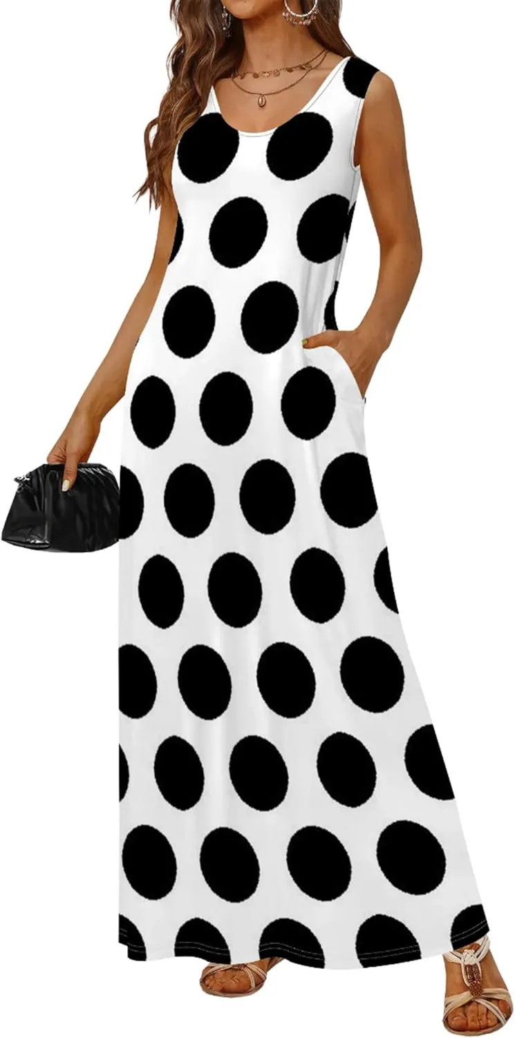 Women's Maxi Dress Summer Polka Dot Dress Sleeveless Long Flowing Sundress Casual Bohemian Beach Maxi Dress