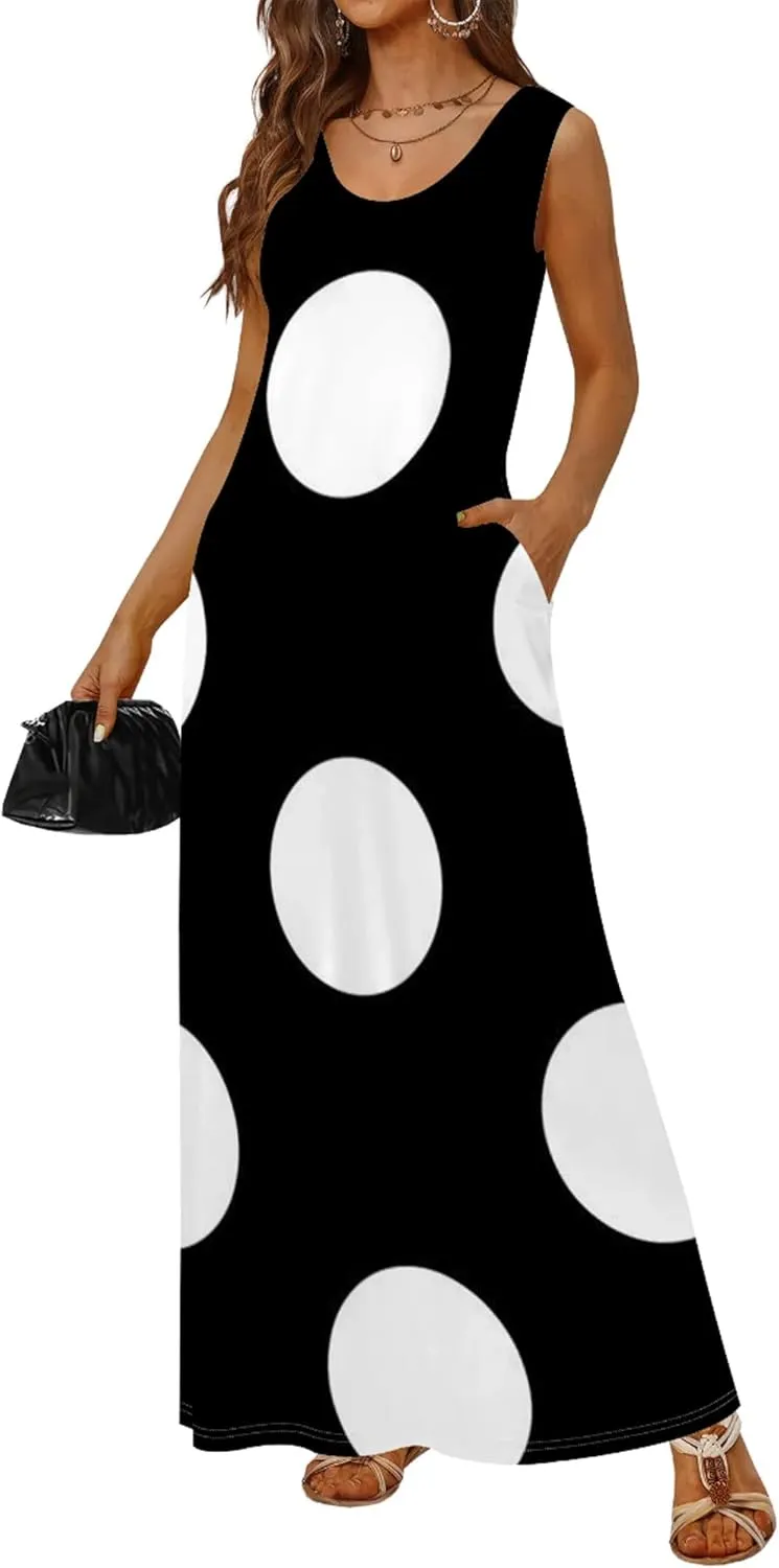 Women's Maxi Dress Summer Polka Dot Dress Sleeveless Long Flowing Sundress Casual Bohemian Beach Maxi Dress