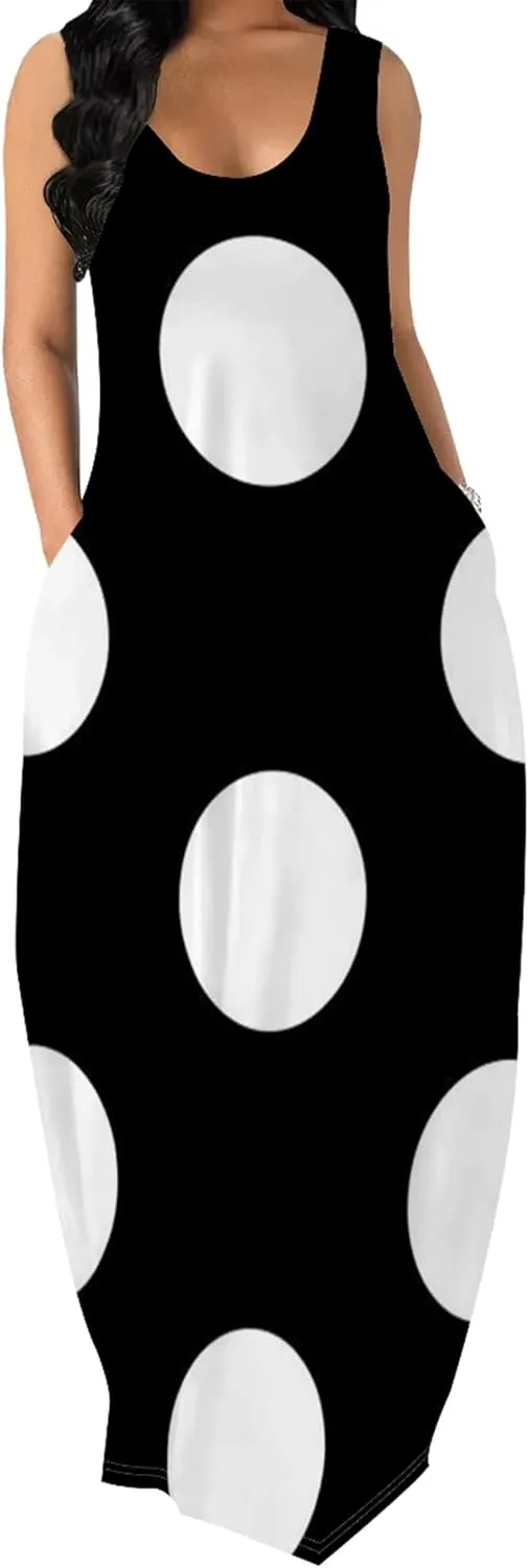 Women's Maxi Dress Summer Polka Dot Dress Sleeveless Long Flowing Sundress Casual Bohemian Beach Maxi Dress