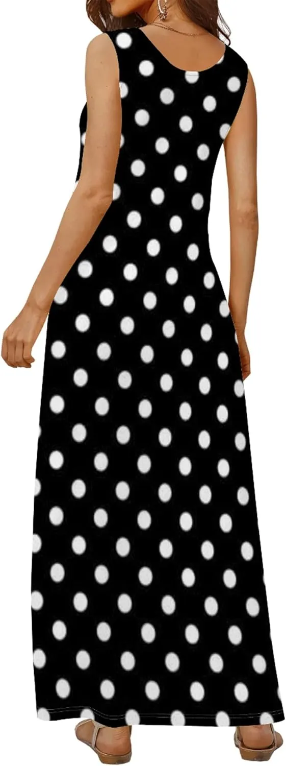 Women's Maxi Dress Summer Polka Dot Dress Sleeveless Long Flowing Sundress Casual Bohemian Beach Maxi Dress