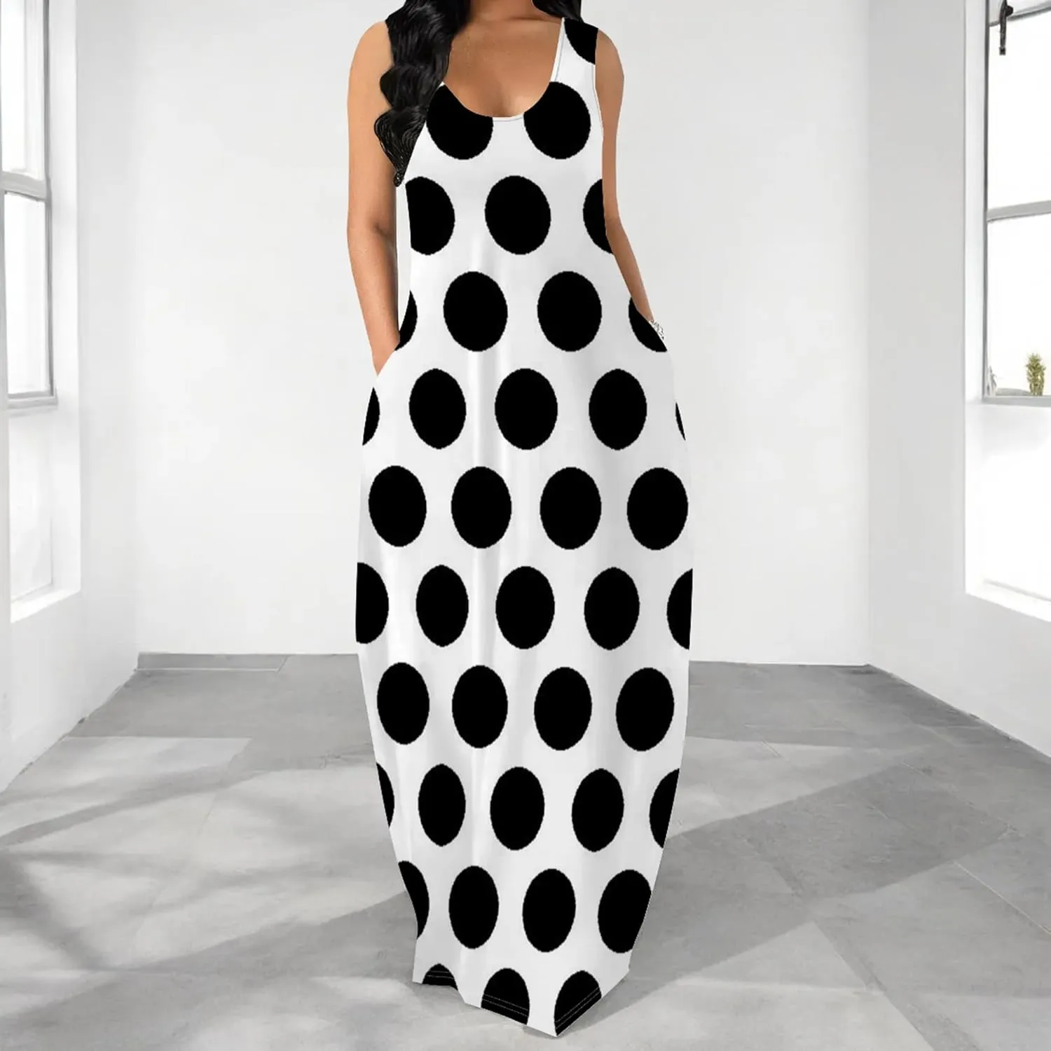 Women's Maxi Dress Summer Polka Dot Dress Sleeveless Long Flowing Sundress Casual Bohemian Beach Maxi Dress