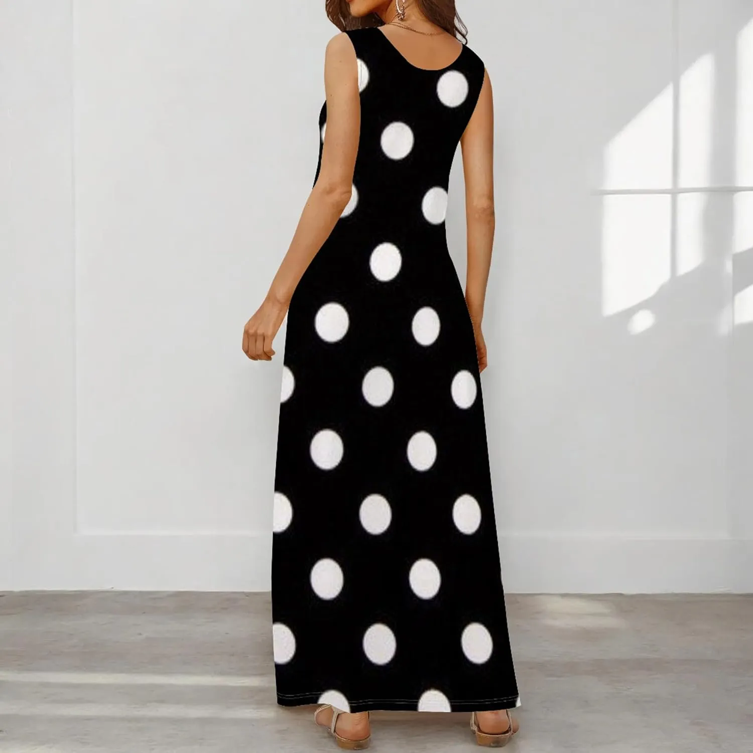 Women's Maxi Dress Summer Polka Dot Dress Sleeveless Long Flowing Sundress Casual Bohemian Beach Maxi Dress