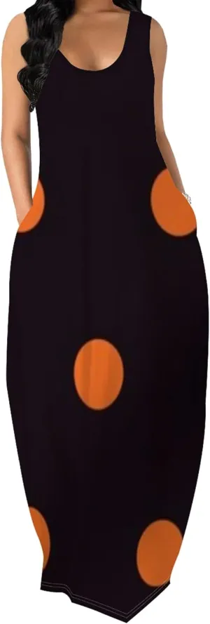 Women's Maxi Dress Summer Polka Dot Dress Sleeveless Long Flowing Sundress Casual Bohemian Beach Maxi Dress