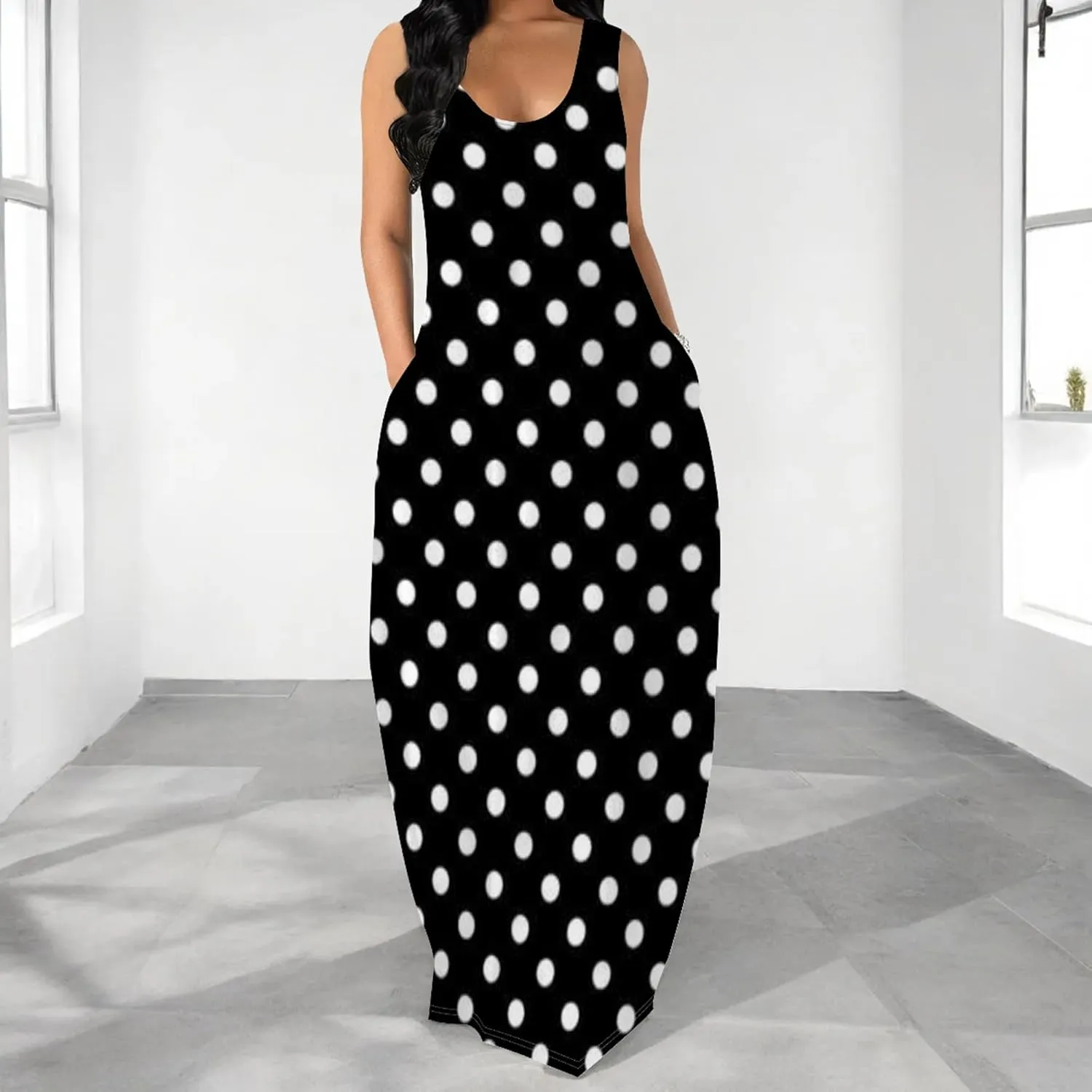 Women's Maxi Dress Summer Polka Dot Dress Sleeveless Long Flowing Sundress Casual Bohemian Beach Maxi Dress