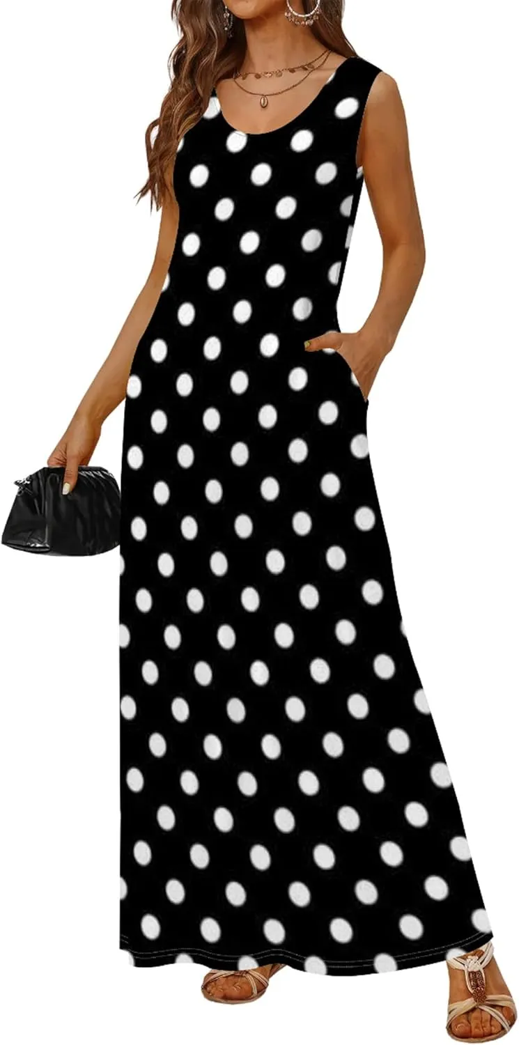 Women's Maxi Dress Summer Polka Dot Dress Sleeveless Long Flowing Sundress Casual Bohemian Beach Maxi Dress