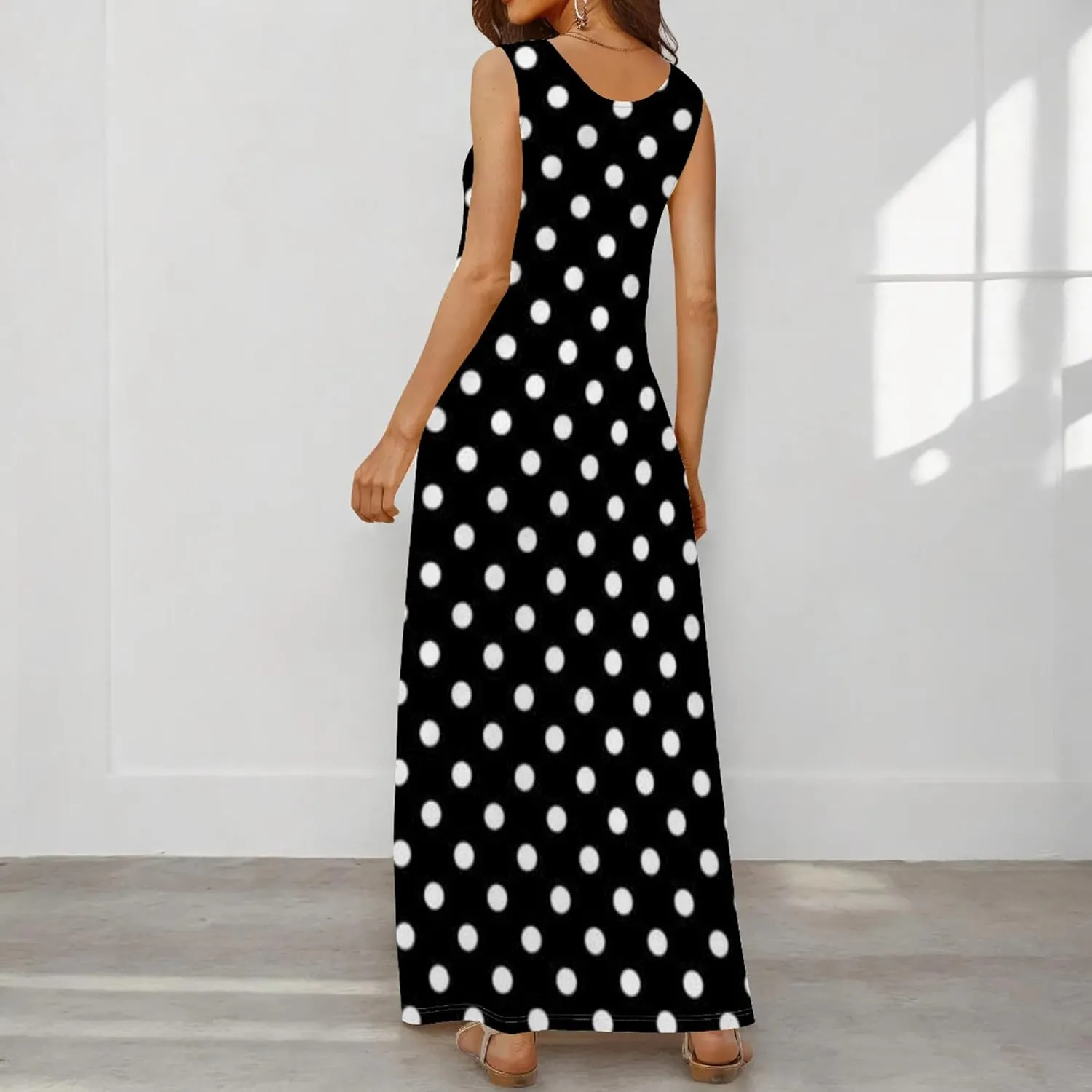 Women's Maxi Dress Summer Polka Dot Dress Sleeveless Long Flowing Sundress Casual Bohemian Beach Maxi Dress