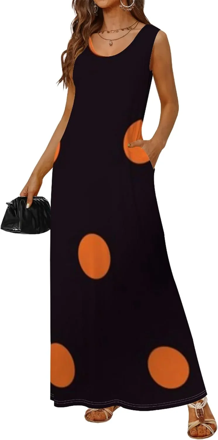 Women's Maxi Dress Summer Polka Dot Dress Sleeveless Long Flowing Sundress Casual Bohemian Beach Maxi Dress