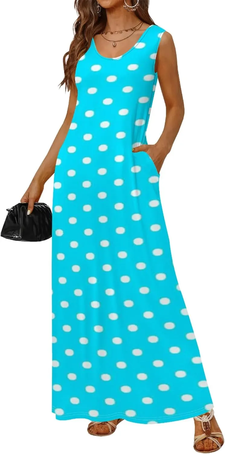 Women's Maxi Dress Summer Polka Dot Dress Sleeveless Long Flowing Sundress Casual Bohemian Beach Maxi Dress