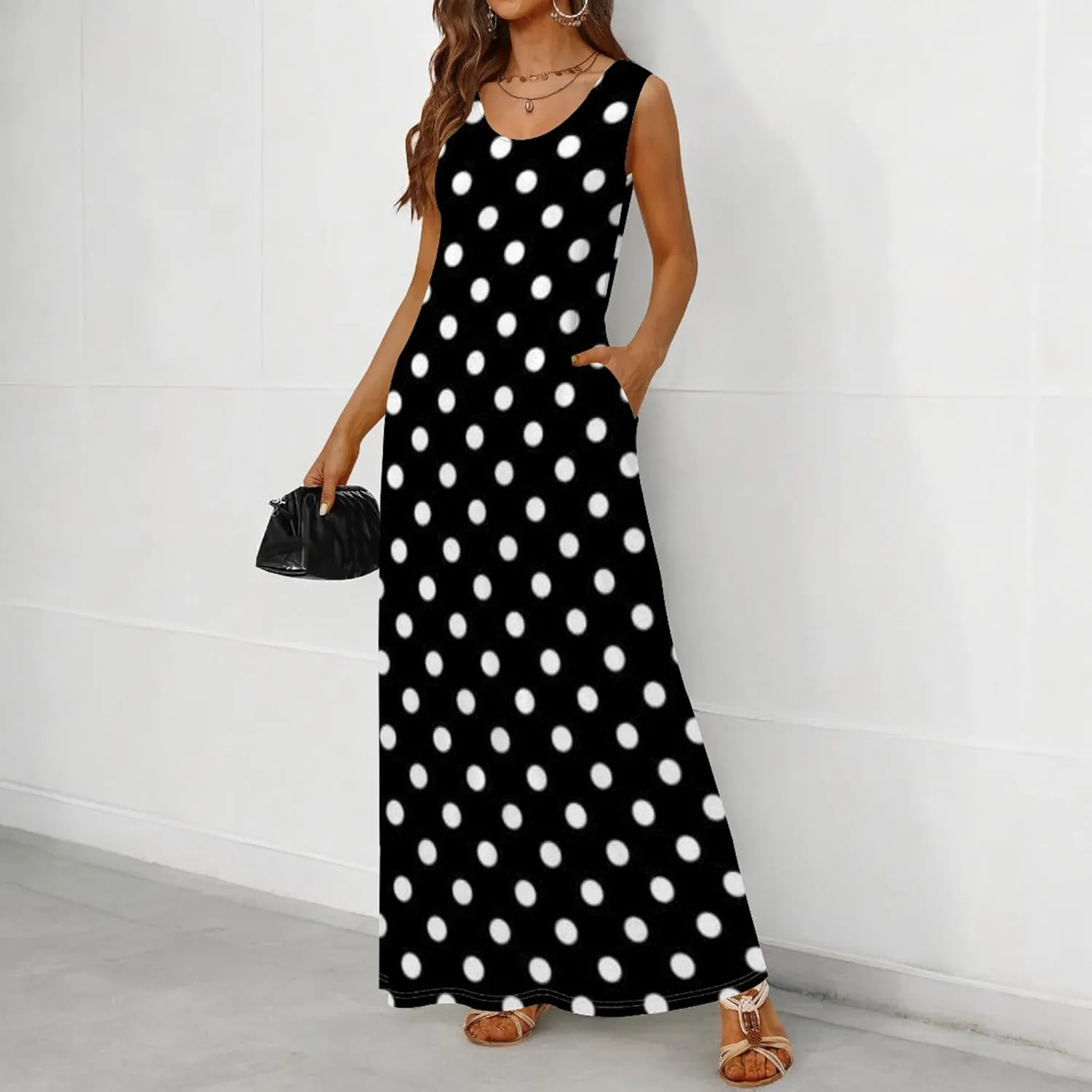 Women's Maxi Dress Summer Polka Dot Dress Sleeveless Long Flowing Sundress Casual Bohemian Beach Maxi Dress