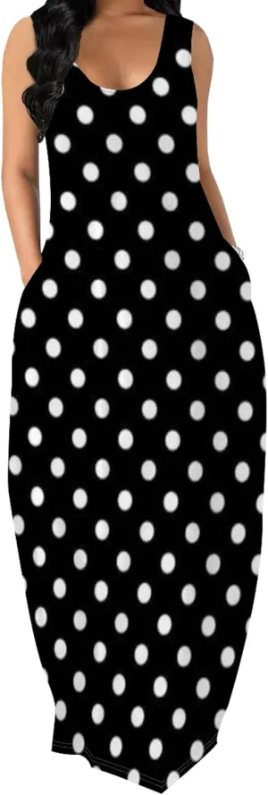 Women's Maxi Dress Summer Polka Dot Dress Sleeveless Long Flowing Sundress Casual Bohemian Beach Maxi Dress