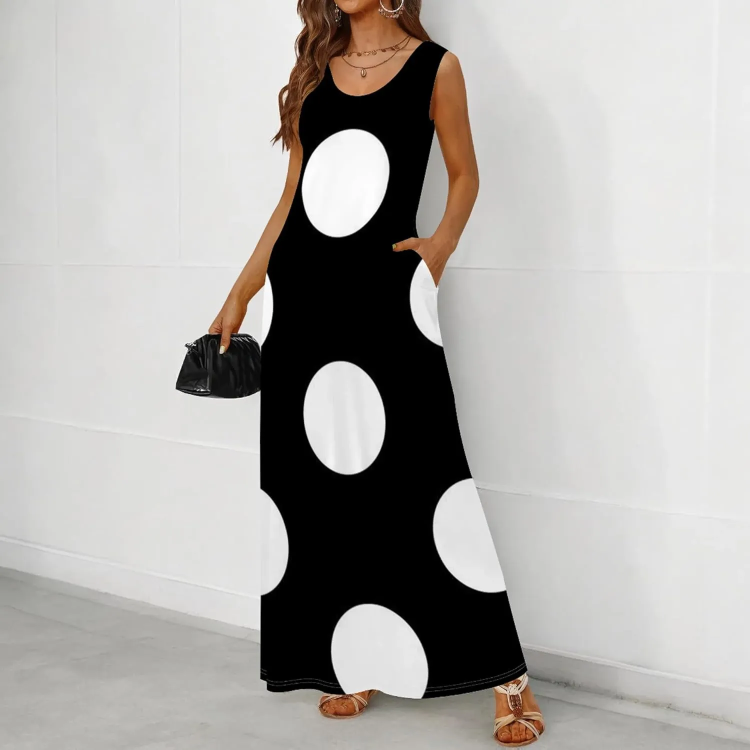 Women's Maxi Dress Summer Polka Dot Dress Sleeveless Long Flowing Sundress Casual Bohemian Beach Maxi Dress