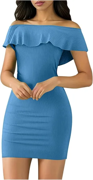Women's Off The Shoulder Bodycon Mini Dress Slim Fit Elegant Ruffle Party Club Cocktail Dresses