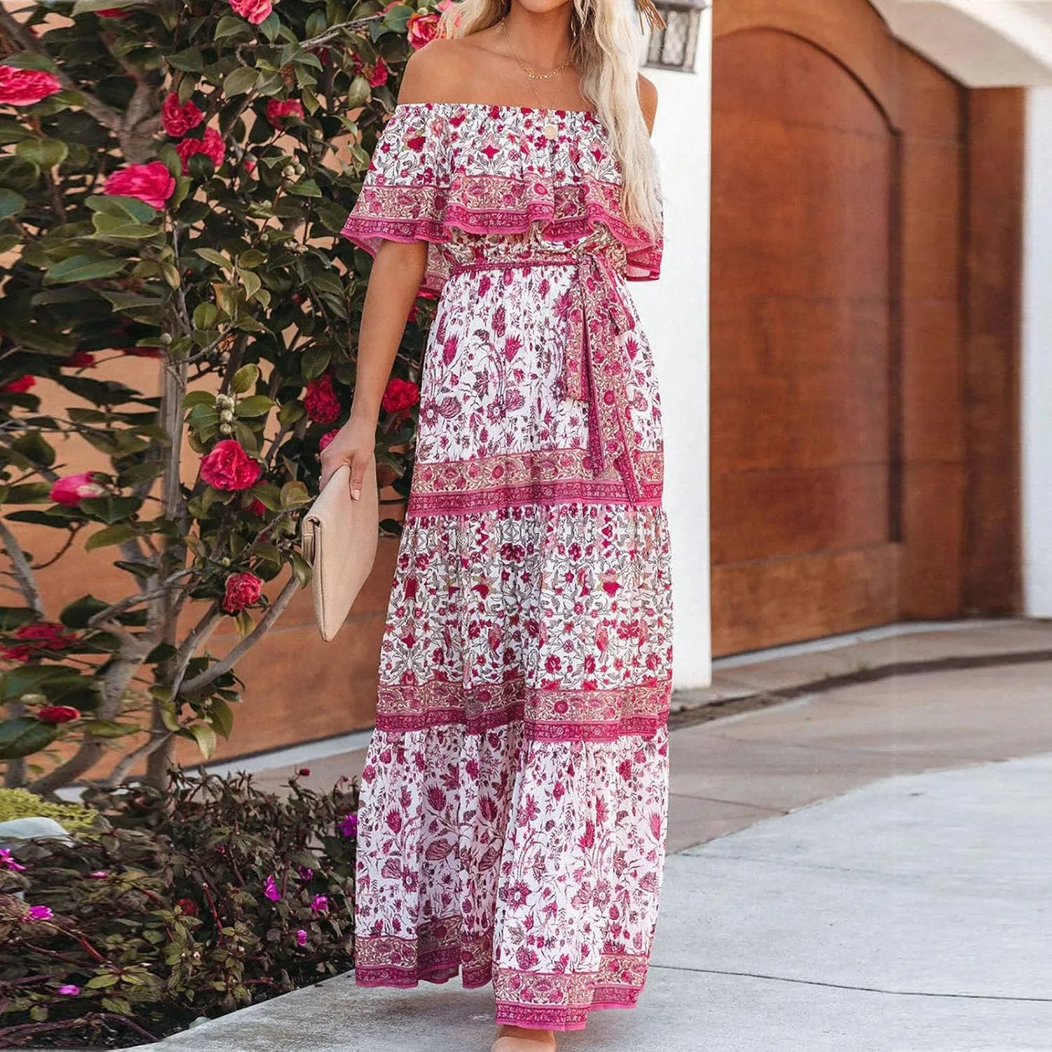 Women's Off The Shoulder Summer Dresses Boho Floral Print Sundress Fashion Vintage Elegant Maxi Dresse