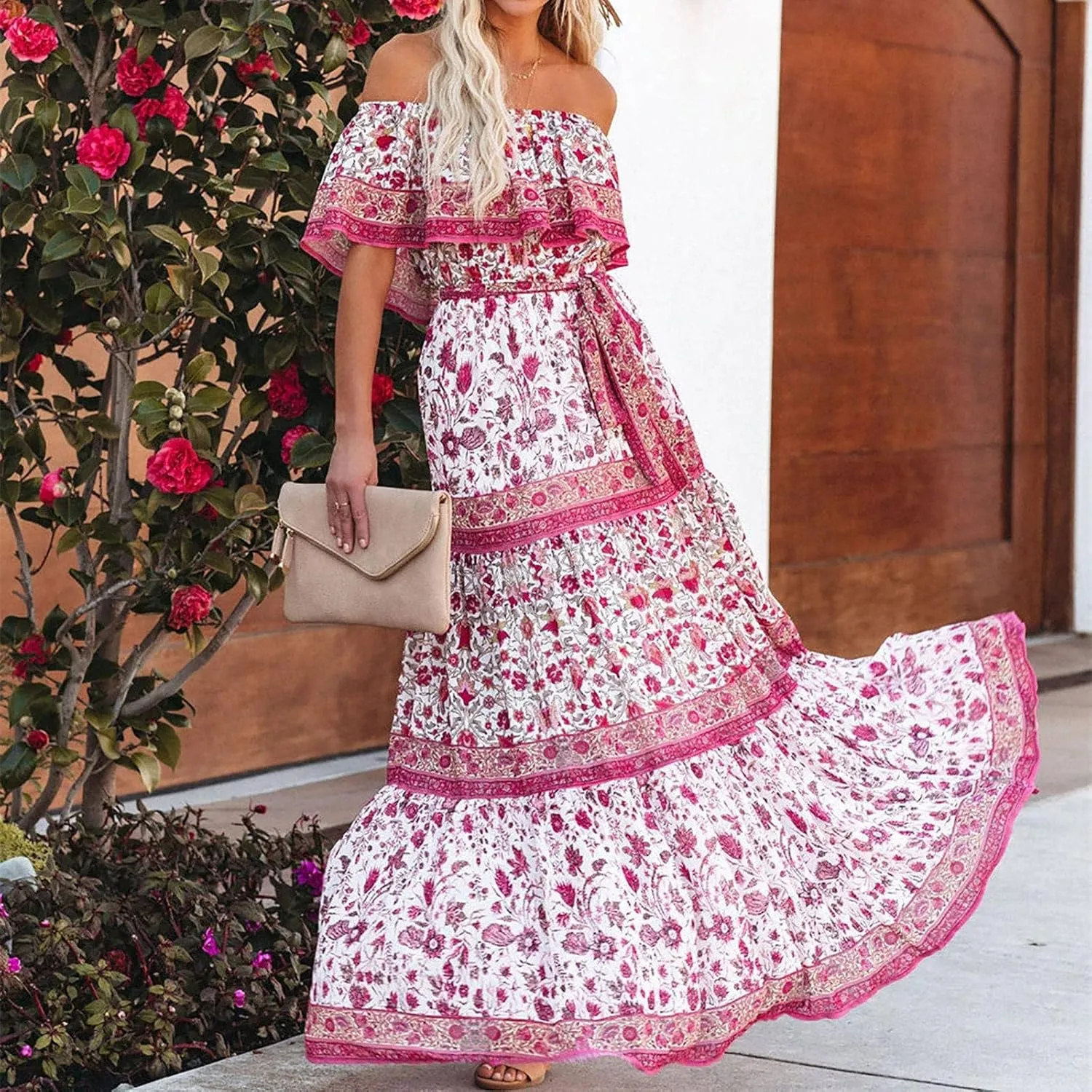 Women's Off The Shoulder Summer Dresses Boho Floral Print Sundress Fashion Vintage Elegant Maxi Dresse