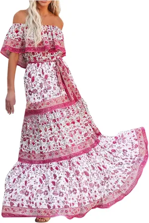 Women's Off The Shoulder Summer Dresses Boho Floral Print Sundress Fashion Vintage Elegant Maxi Dresse