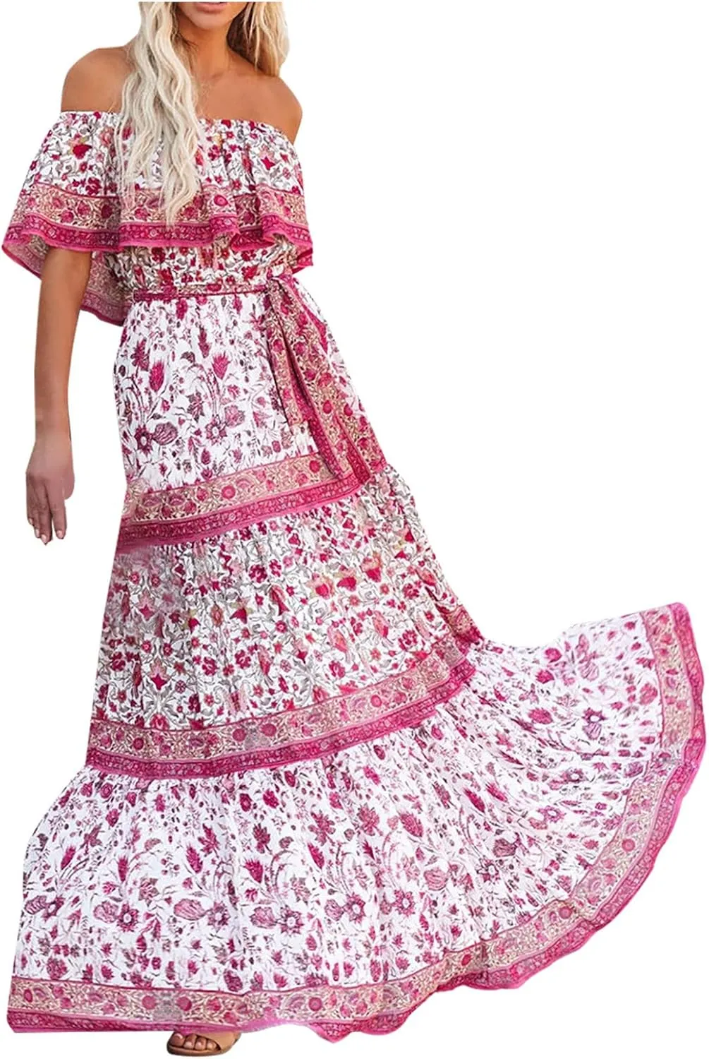 Women's Off The Shoulder Summer Dresses Boho Floral Print Sundress Fashion Vintage Elegant Maxi Dresse