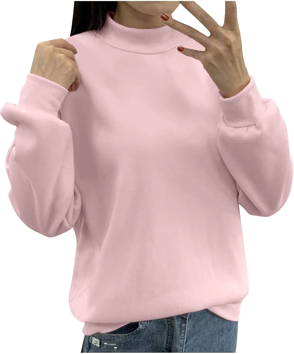 Women's Oversized Round Neck Sweatshirts Long Sleeve Turtleneck Sweatshirt Fall Classic Pullover Tops