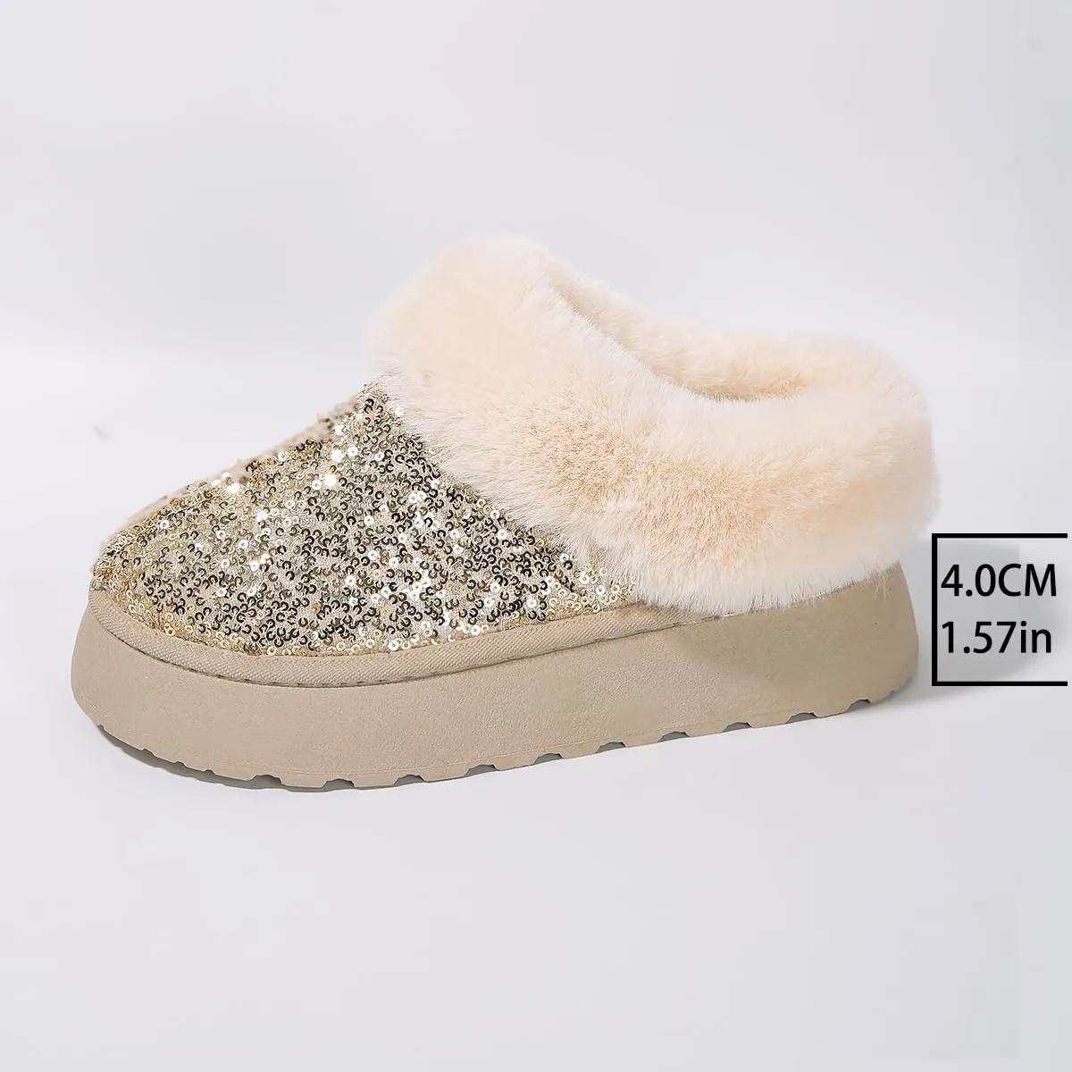 Women's Platform Flat Boots Glitter Sequin Fuzzy Slippers Warm Winter Snow Boots Indoor And Outdoor Comfy Warm