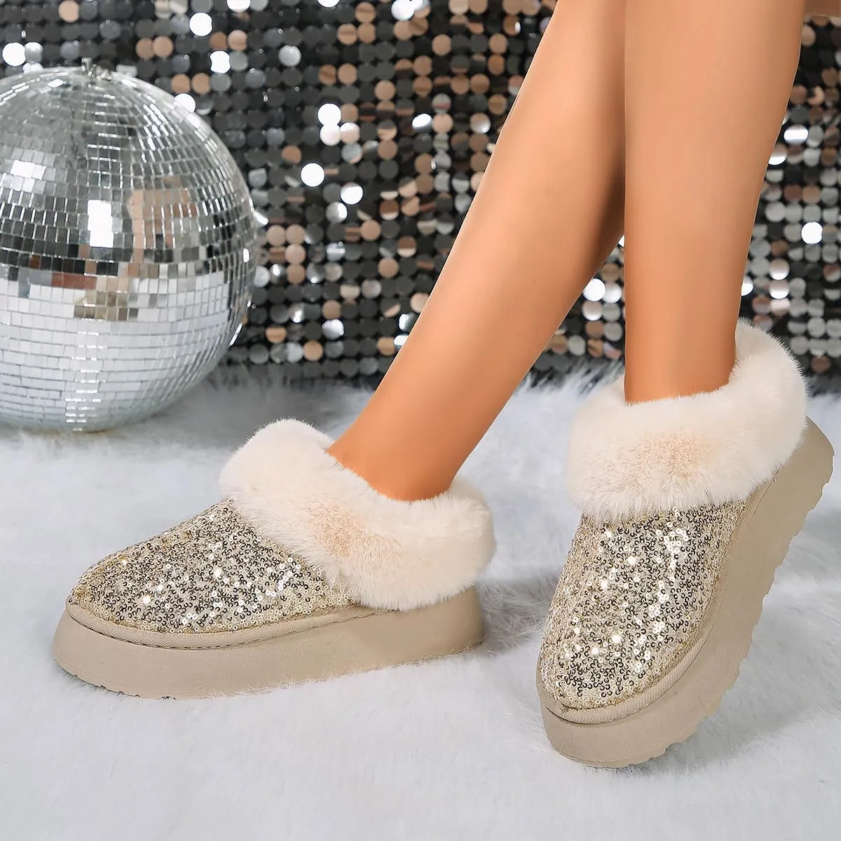 Women's Platform Flat Boots Glitter Sequin Fuzzy Slippers Warm Winter Snow Boots Indoor And Outdoor Comfy Warm