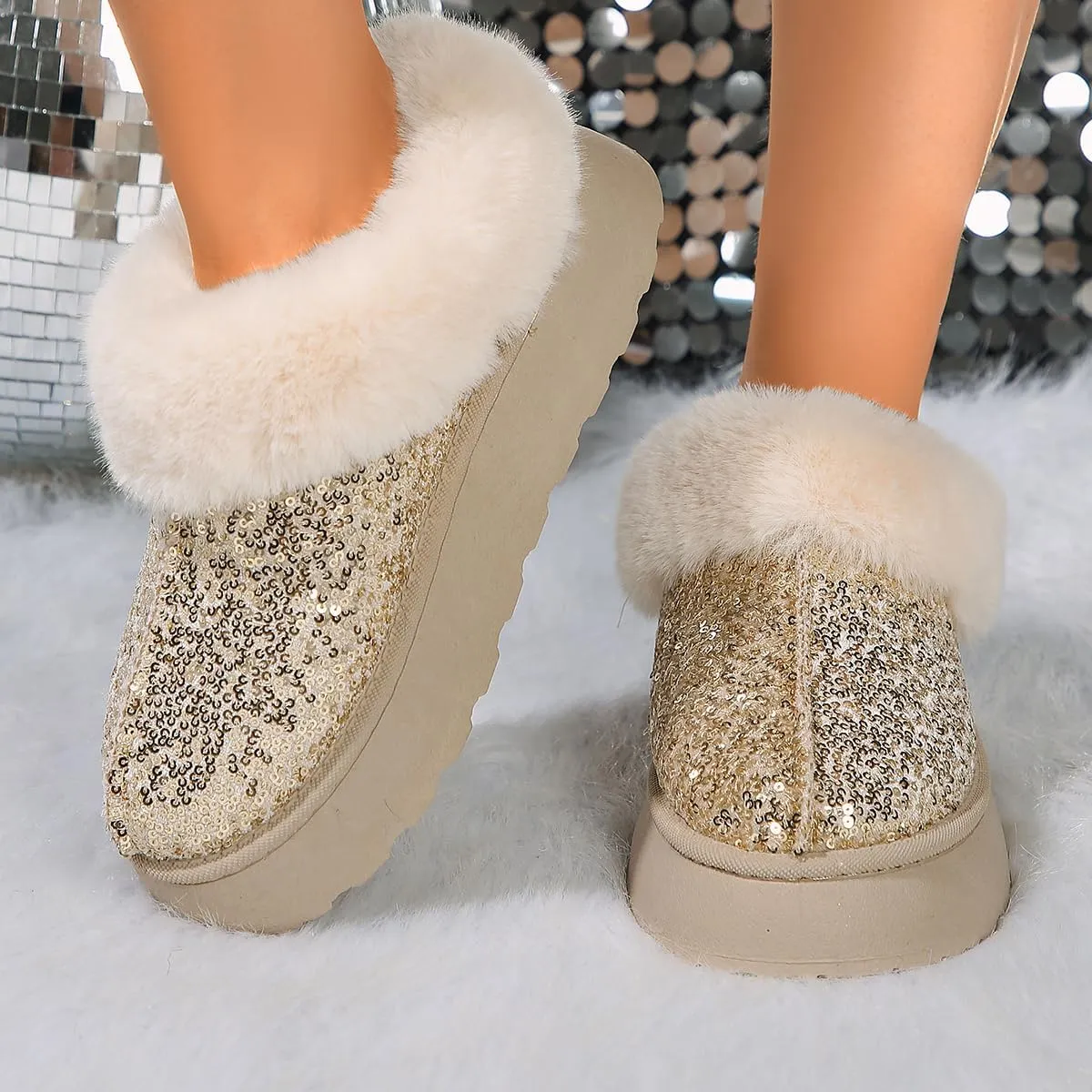 Women's Platform Flat Boots Glitter Sequin Fuzzy Slippers Warm Winter Snow Boots Indoor And Outdoor Comfy Warm
